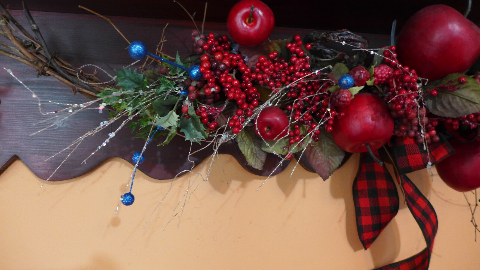 XL Swag Floral Red Apples Wall Decor Grapevine Fruit Blue Bling Fall Autumn Hang