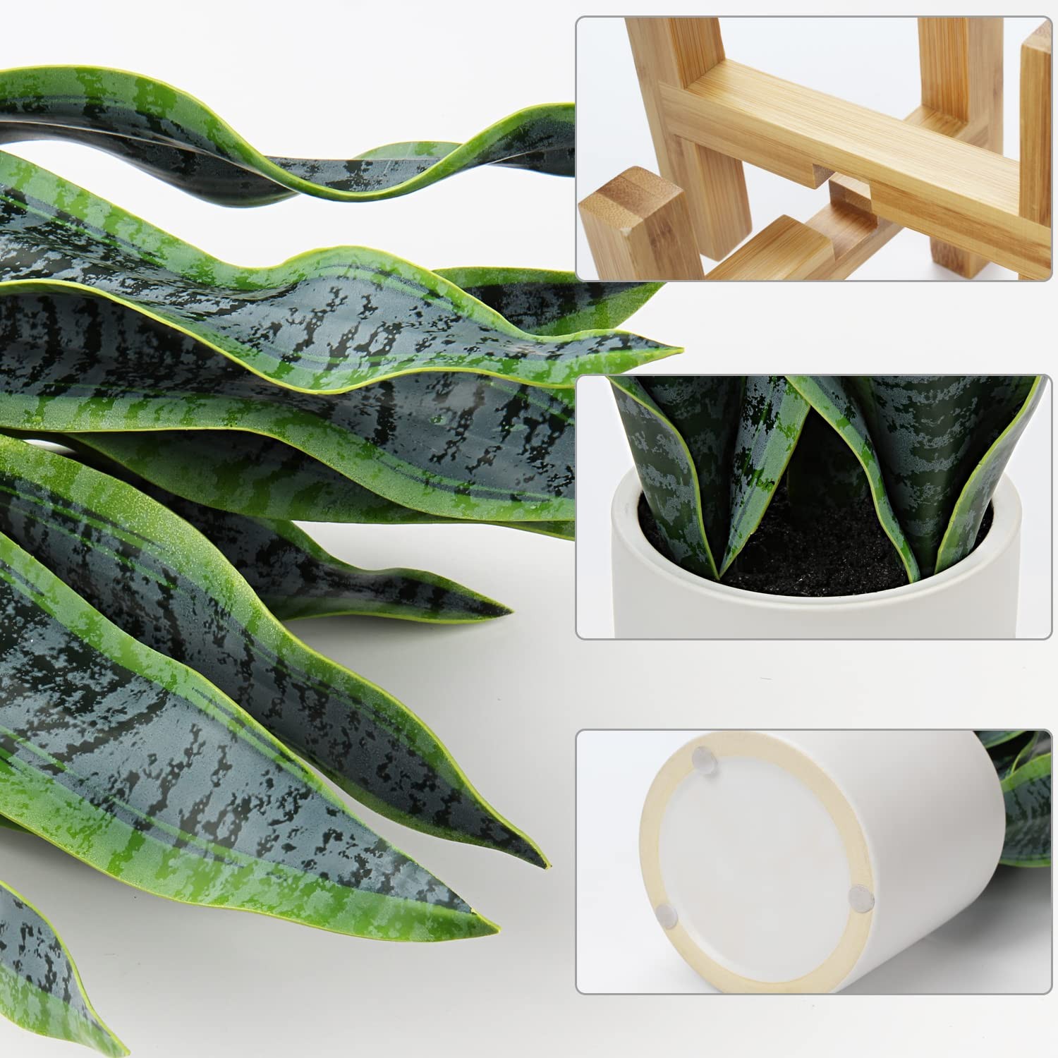 19″ Artificial Snake Plant in White Ceramic Pot with Solid Wood Stand Faux
