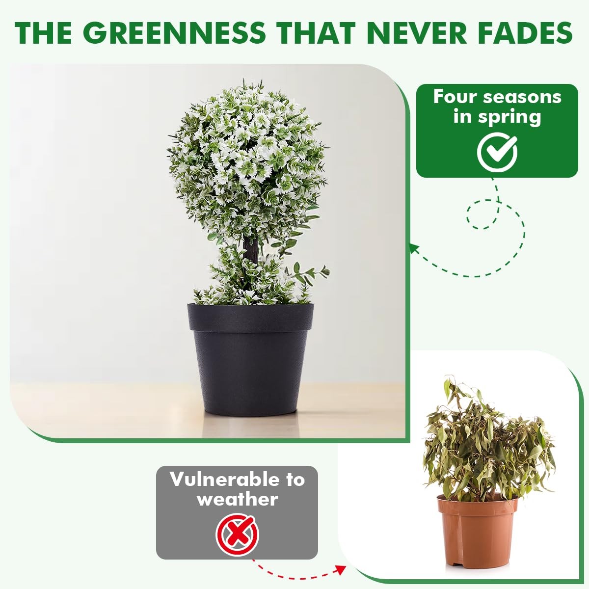 9.8 Inch Artificial Topiary Plant with White Leaves – Fake Boxwood Potted Tre…