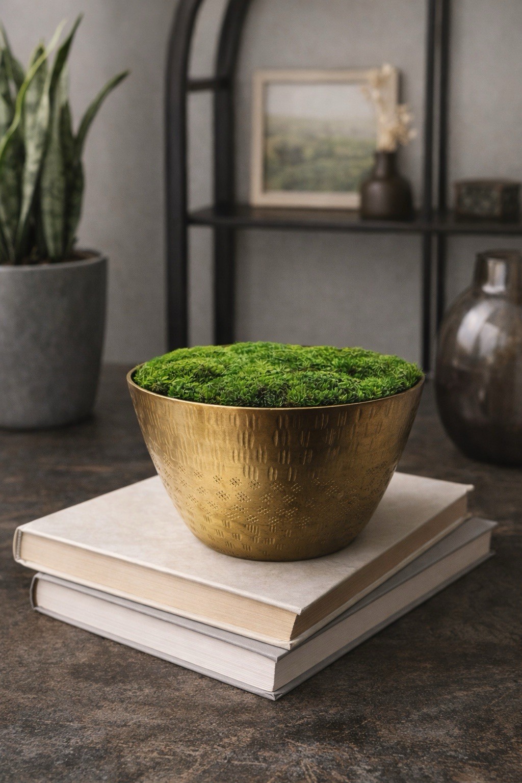 Preserved Moss Brass Bowl 5” x 6” Handmade Botanical Decor · No Maintenance Moss