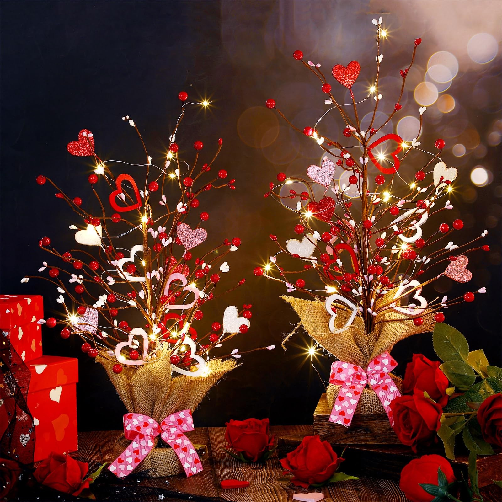 2 PCS Prelit Lighted Valentines Day Tree 21 Inch Tabletop Heart Ornament