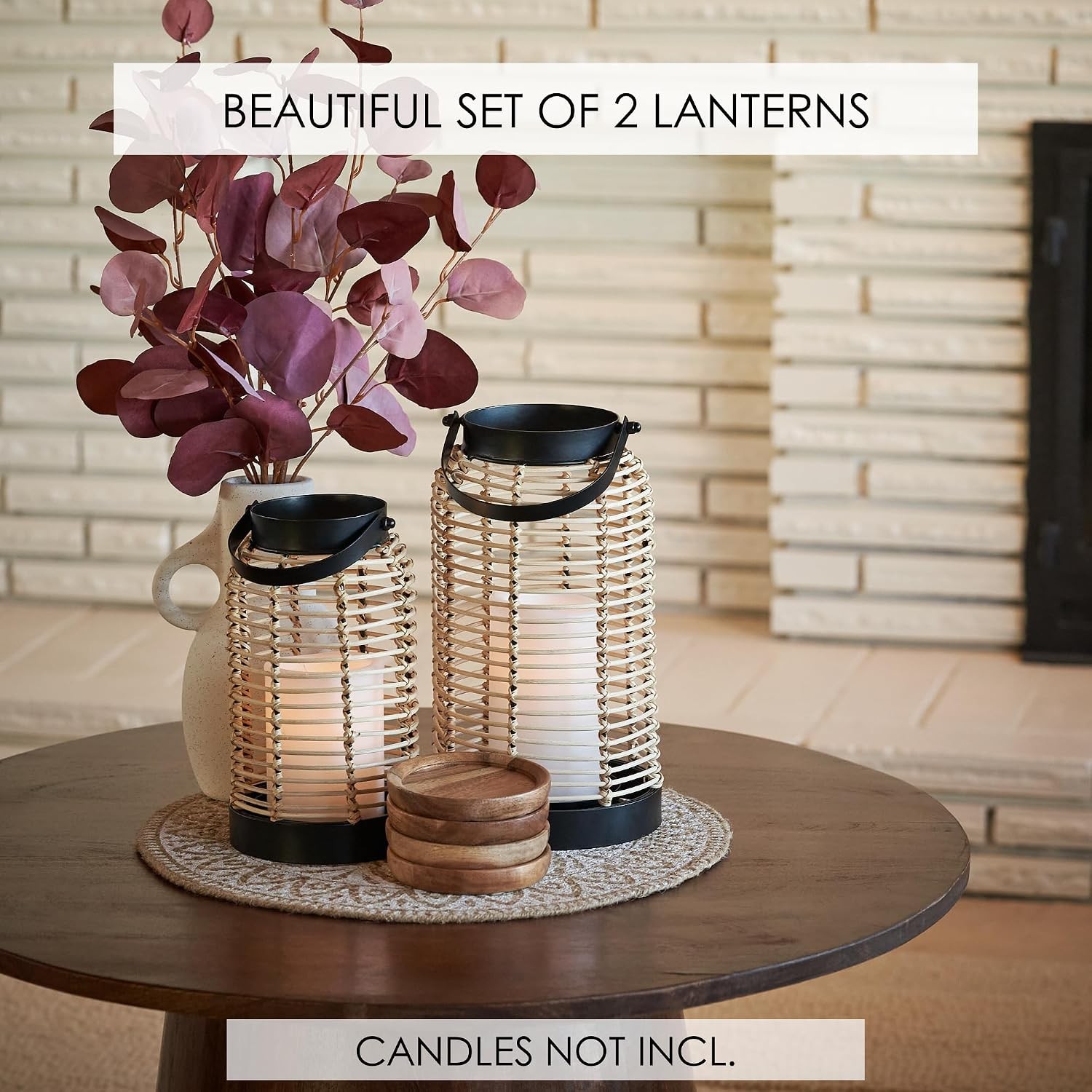 Natural Rattan Boho Lantern Handcrafted Farmhouse Decor Indoor Outdoor Table