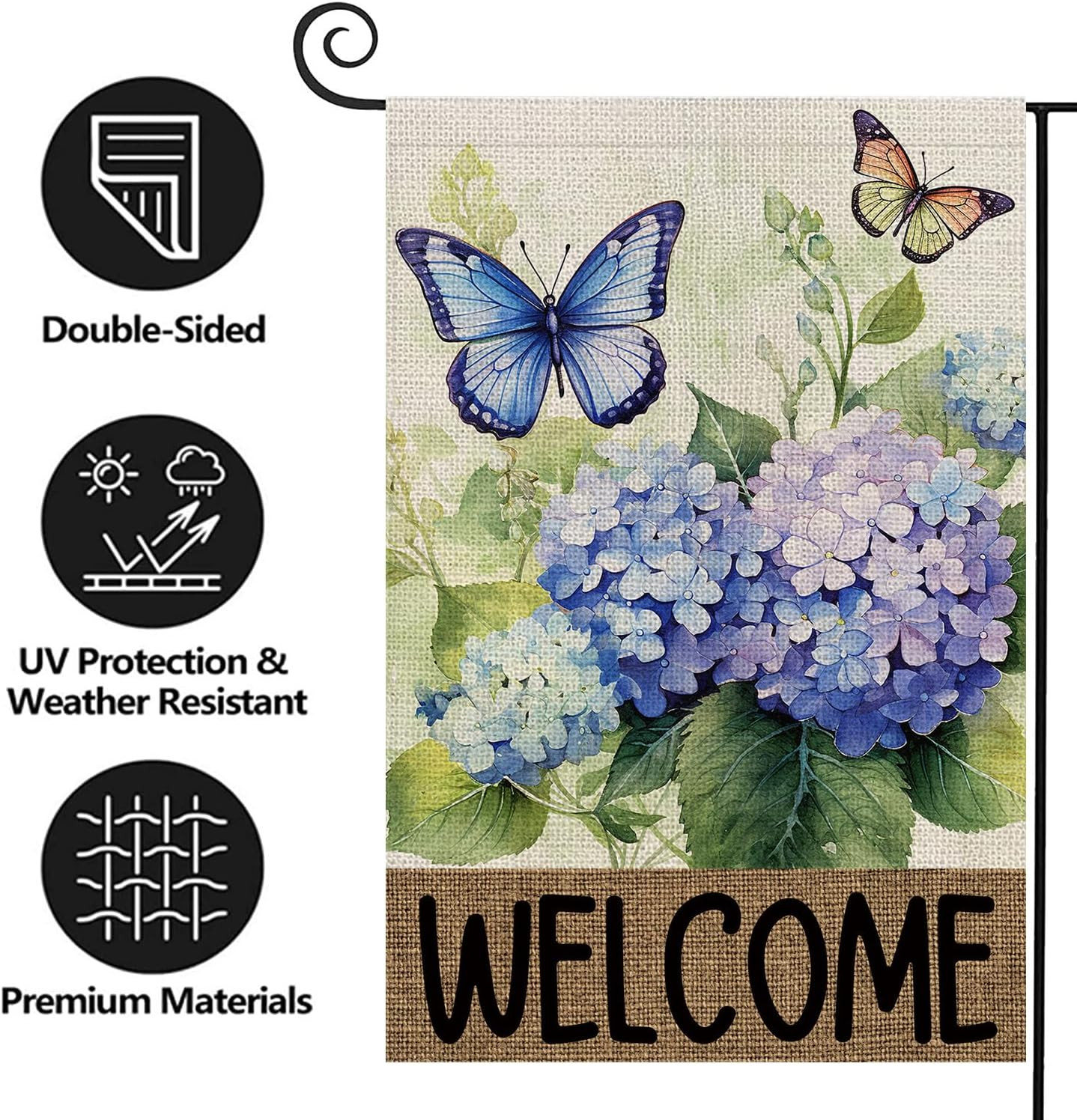 Welcome Hydrangea Floral Butterfly Decoration Double Sided Vertical Burlap Garde