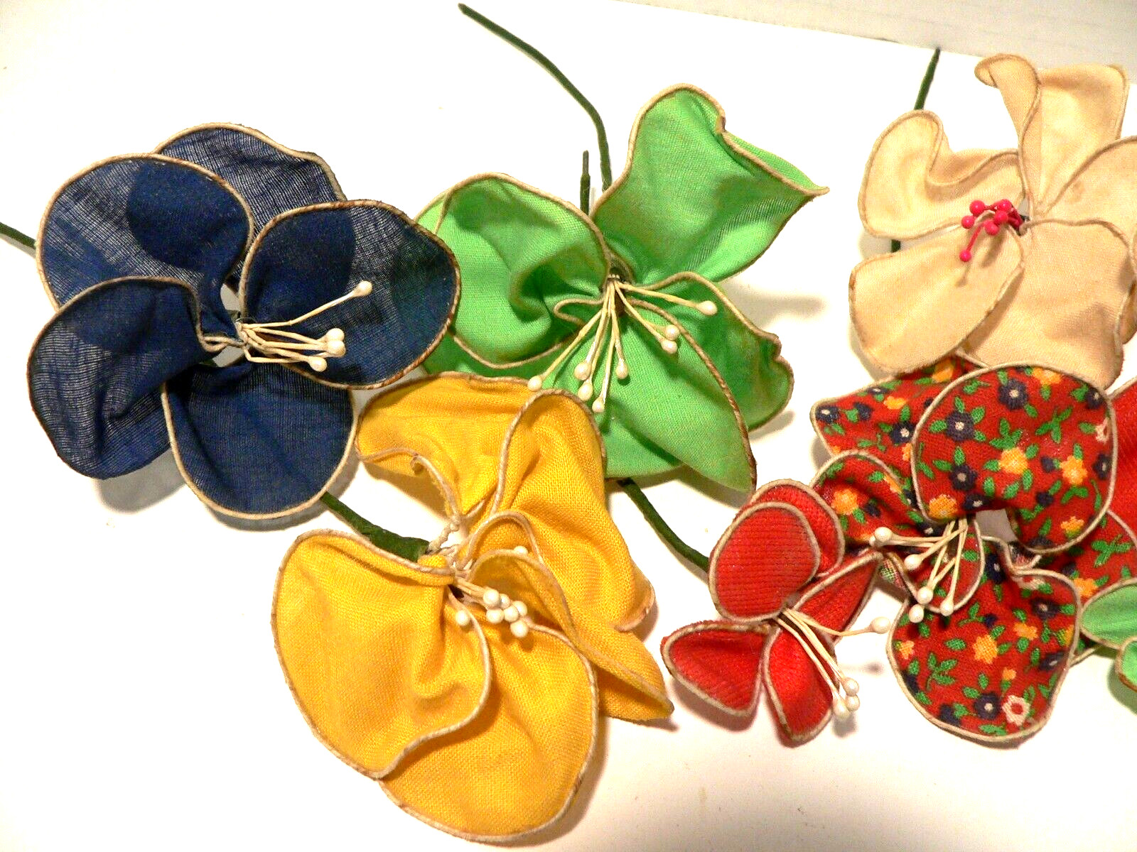 12 Vintage Handmade Fabric Flowers in MCM Colors.