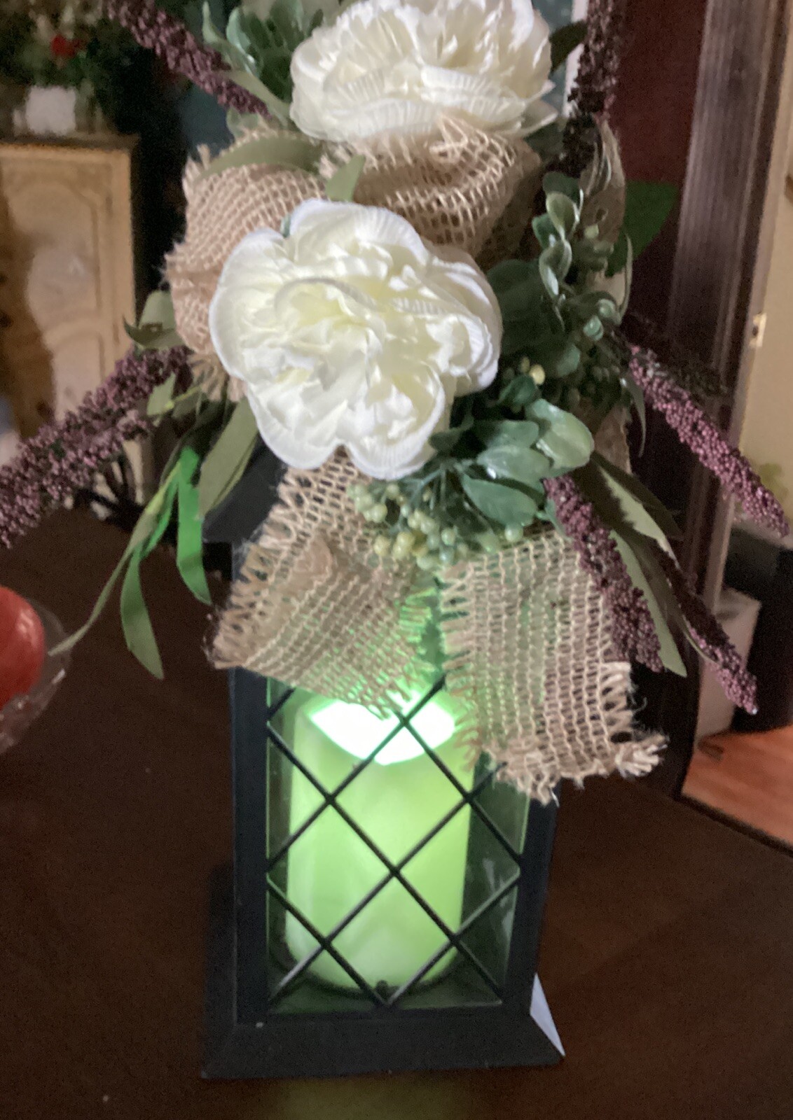 Multi Color Light Lantern with Flowers and Burlap Indoor Outdoor Decor 14.4″