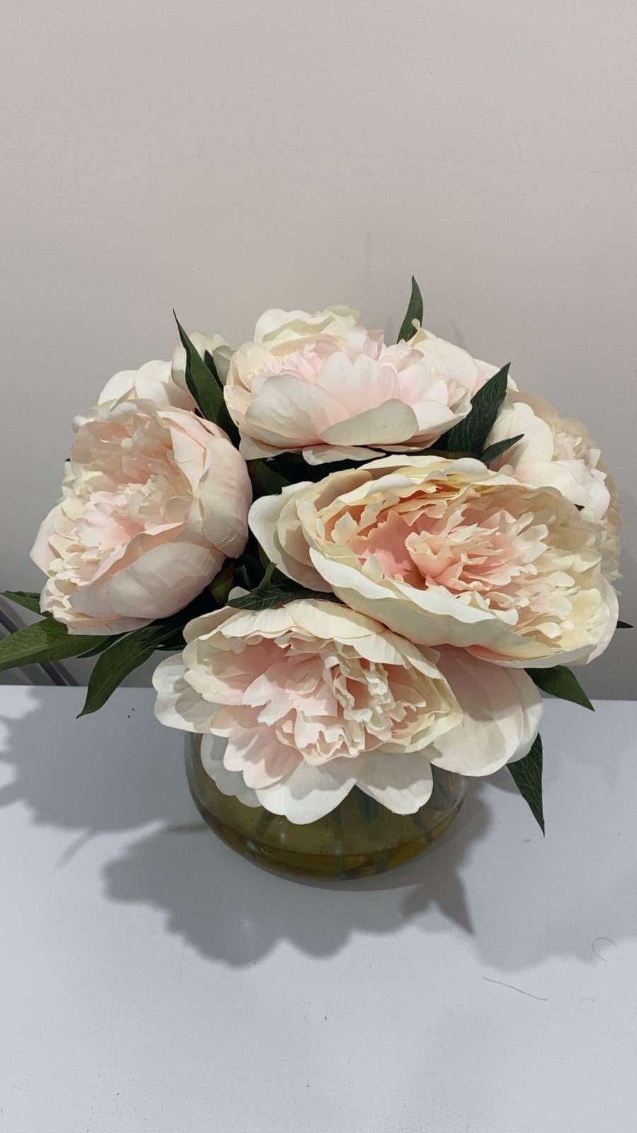 Artificial Peony Flower Arrangement Centrepiece in Glass Vase White Pink Green