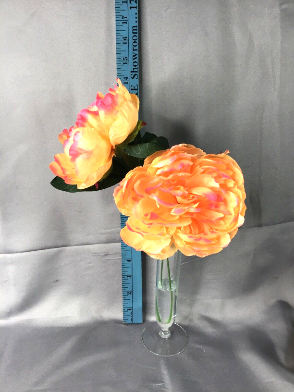 Creamy Peach & Pink Peony Artificial Arrangement in Faux Water Vtg Glass Vase