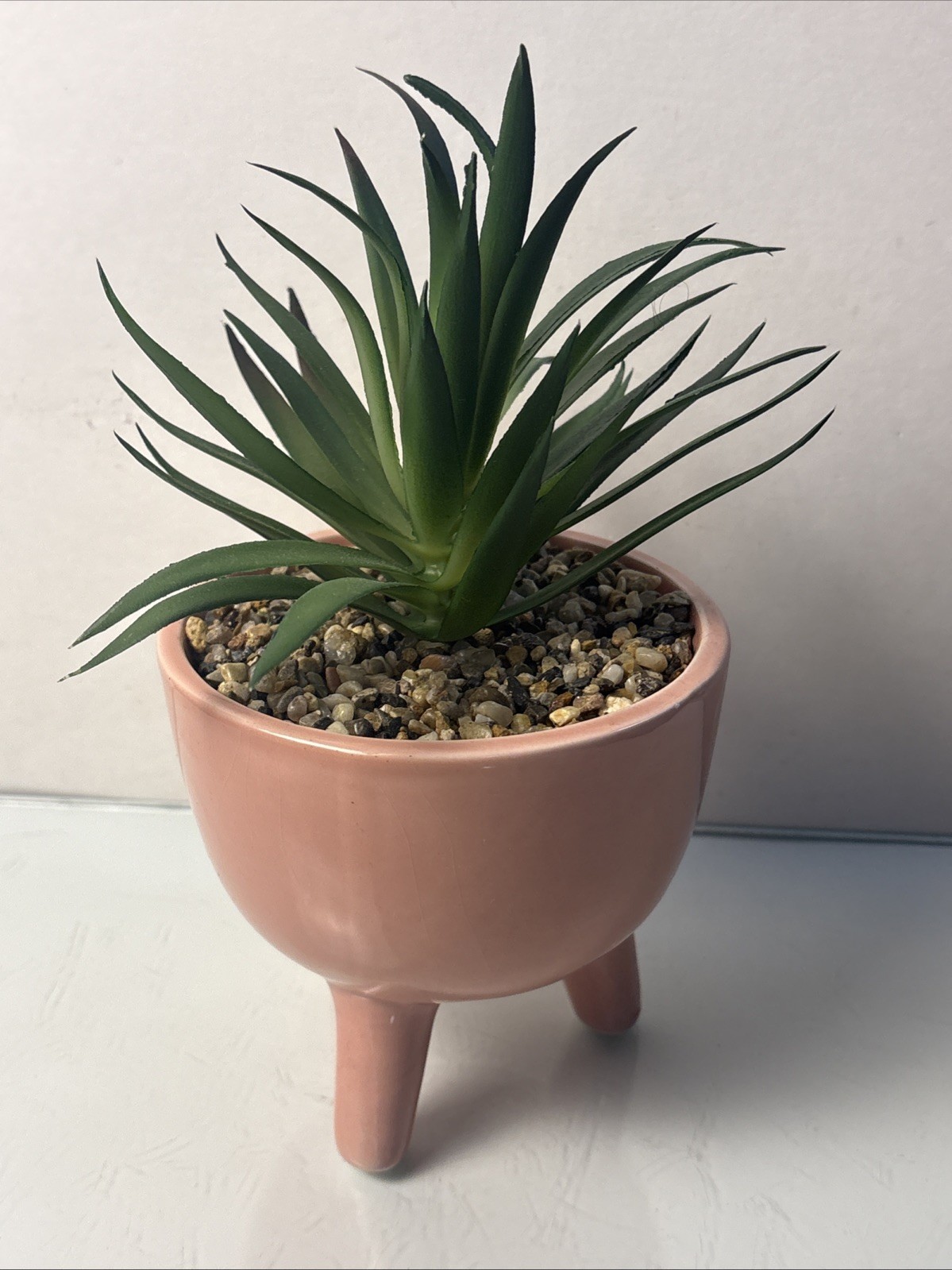 Ceramic Planter w Faux Succulent Pink Tripod Pot Mid Century Style Decor