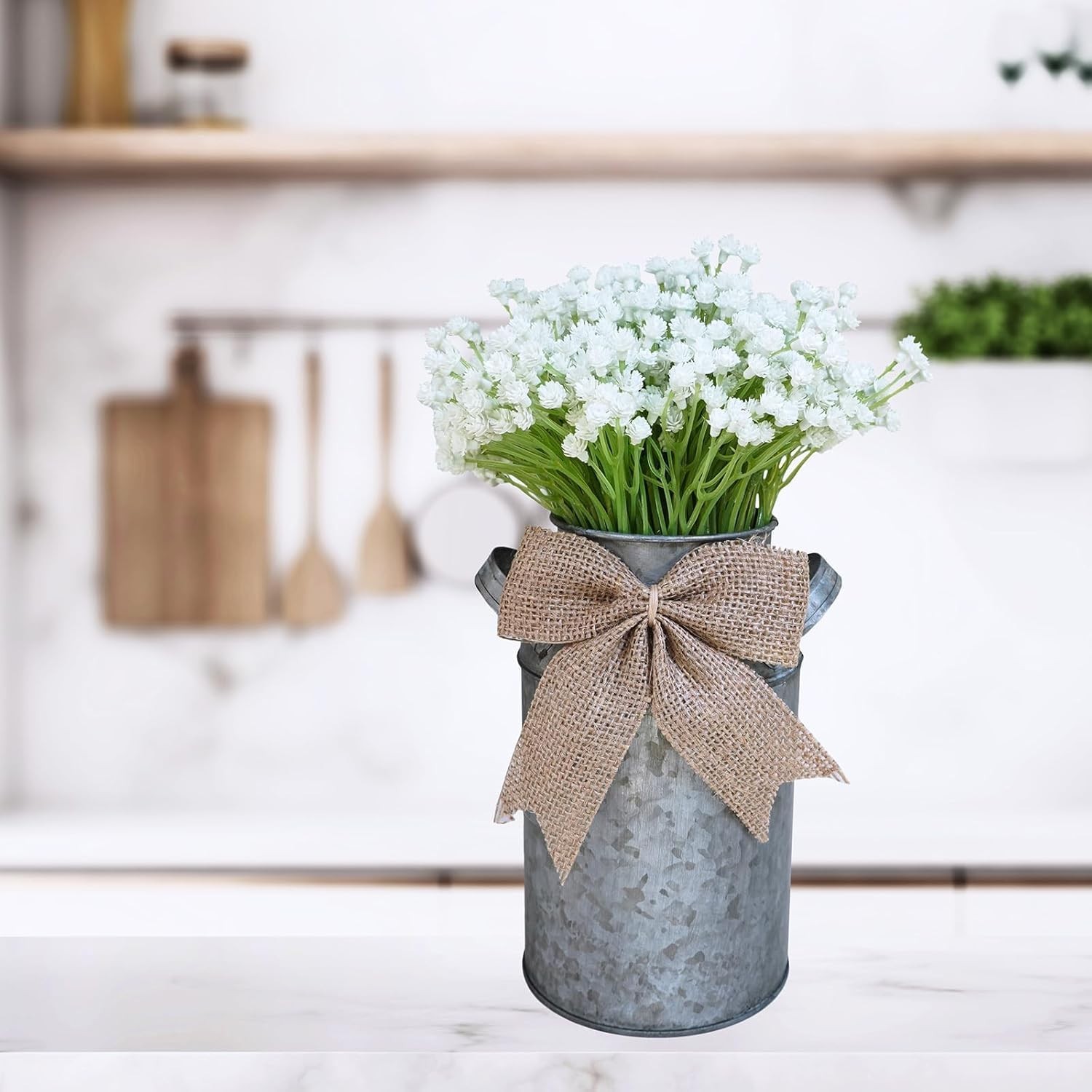 Winlyn Artificial Baby’s Breath Centerpiece with Rustic Galvanized Metal Can 11″