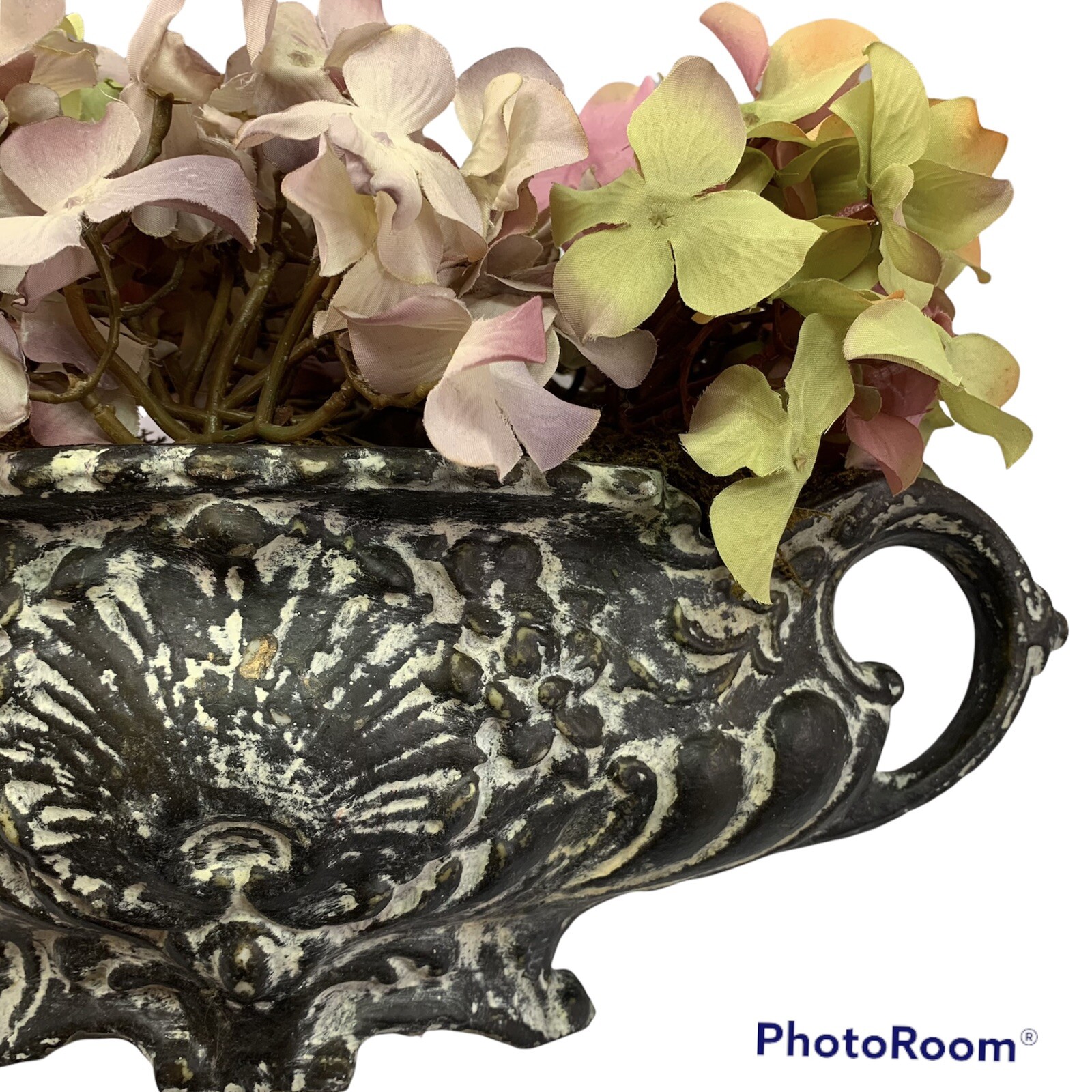 Faux Hydrangas Distressed Italianate Resin Urn 16x9x8”