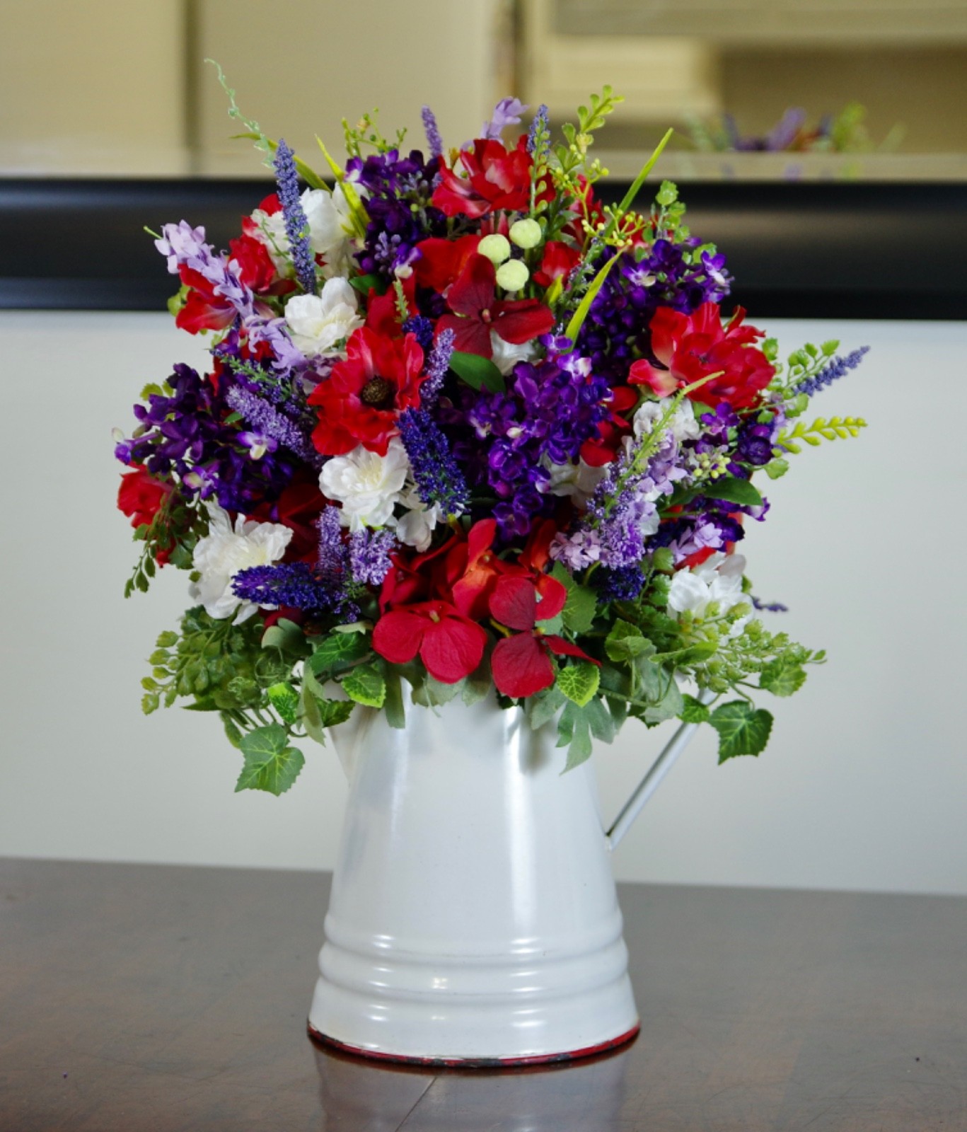 Silk Red and Purple Arrangement in Vintage Enamel Red & White Cowboy Coffee Pot