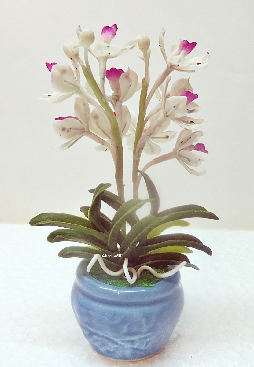 US Stock 4″H Air-Dry-Clay Handmade Miniature Rhyncho Orchid Arrangement in Pot.