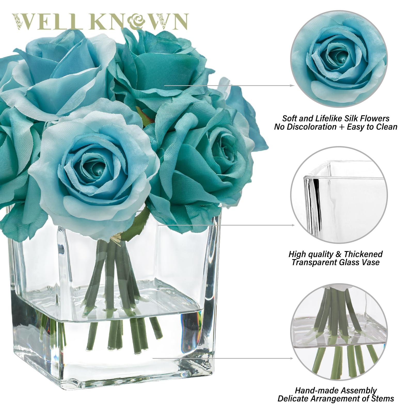 Rose Artificial Flowers Vase Faux Water Silk Centerpieces Home Decor Teal Blue