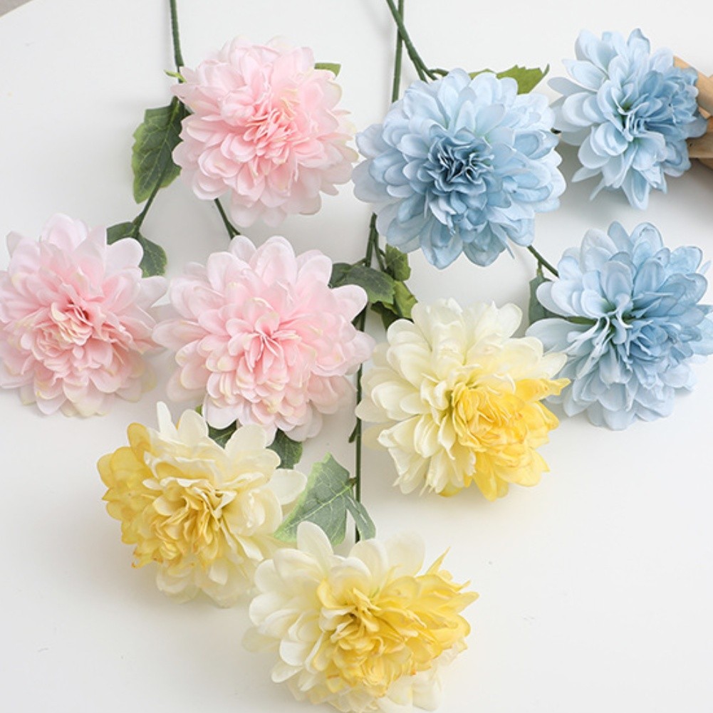 3-Head Silk Dahlia Stems 64cm Flexible Wire Core for Craft and Wedding Decor