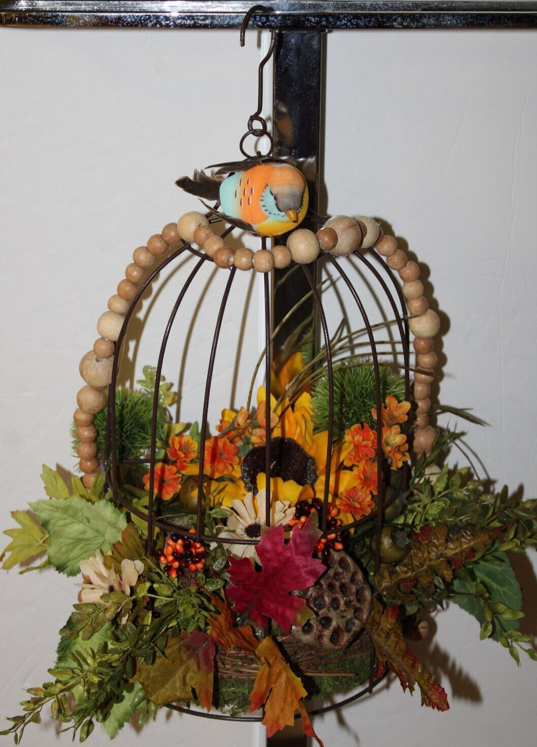 FALL AUTUMN FLOWER ARRANGEMENT BIRD CAGE CENTERPIECE 15”