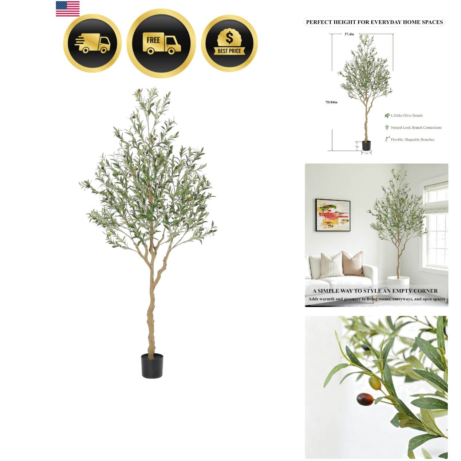 Tall Faux Olive Tree，7ft（84in） Realistic Potted Silk Artificial Indoor with G…