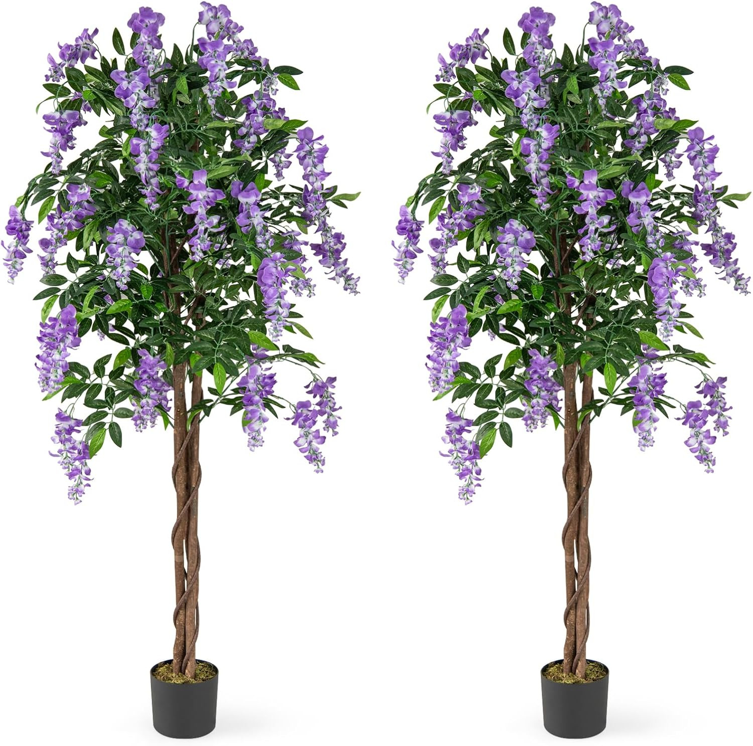 5.5FT Ficus Artificial Tree, 2 Pack Faux Wisteria Tree in Nursery Pot with Bloom