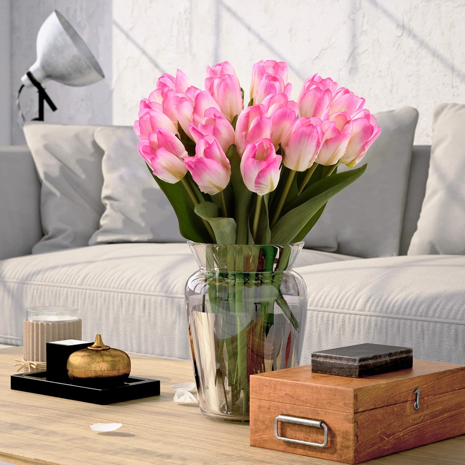20 PCS Pink Green Artificial Tulips Real Touch Faux Flower Moisturizing