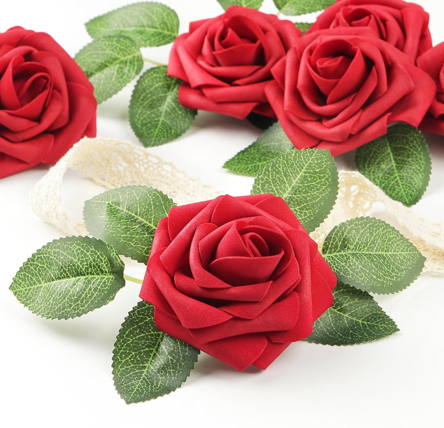 50 Pcs Artificial Flowers Red Roses Bulk, Real Looking Foam Fake Roses with Stem