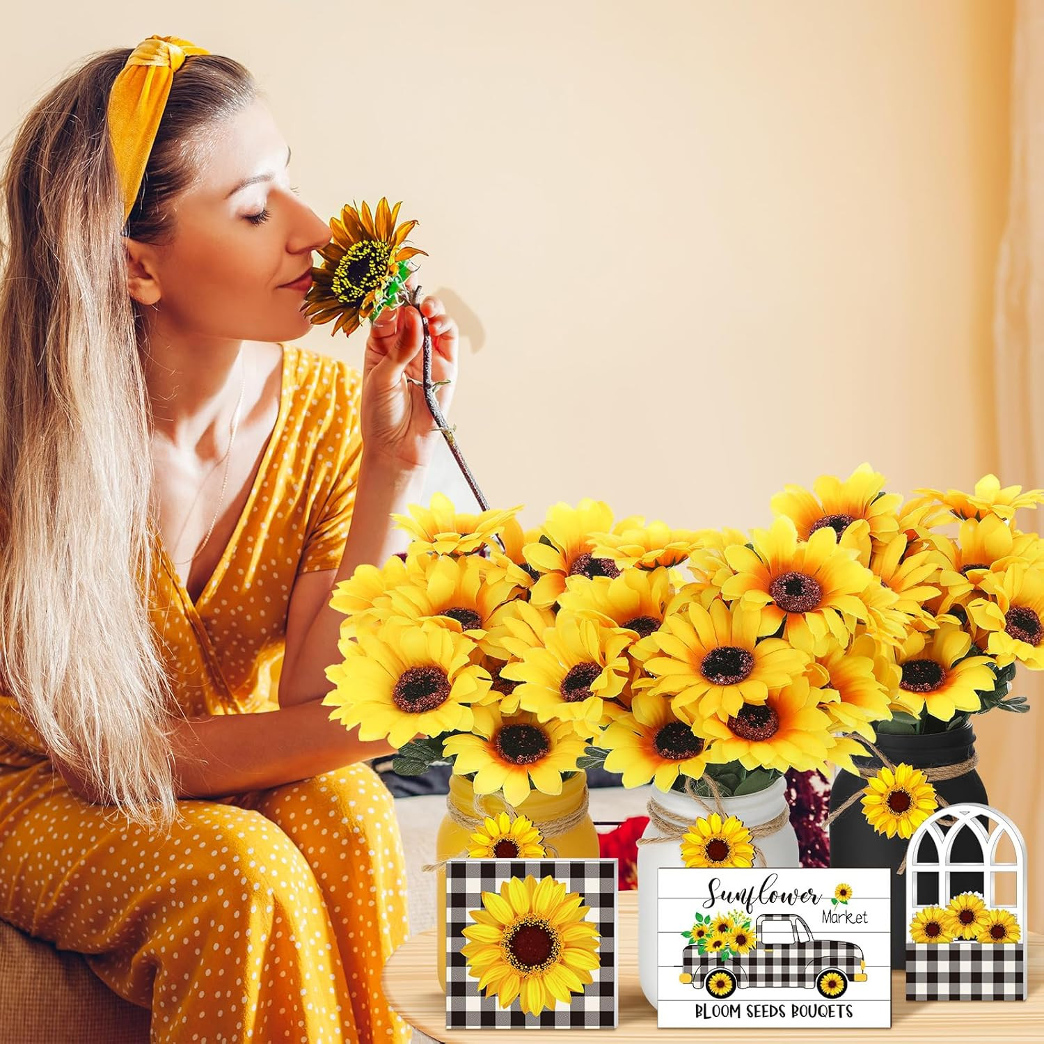 12 Sets Sunflower Mason Jar Centerpiece for Table Summer Sunflower Decor with Ar