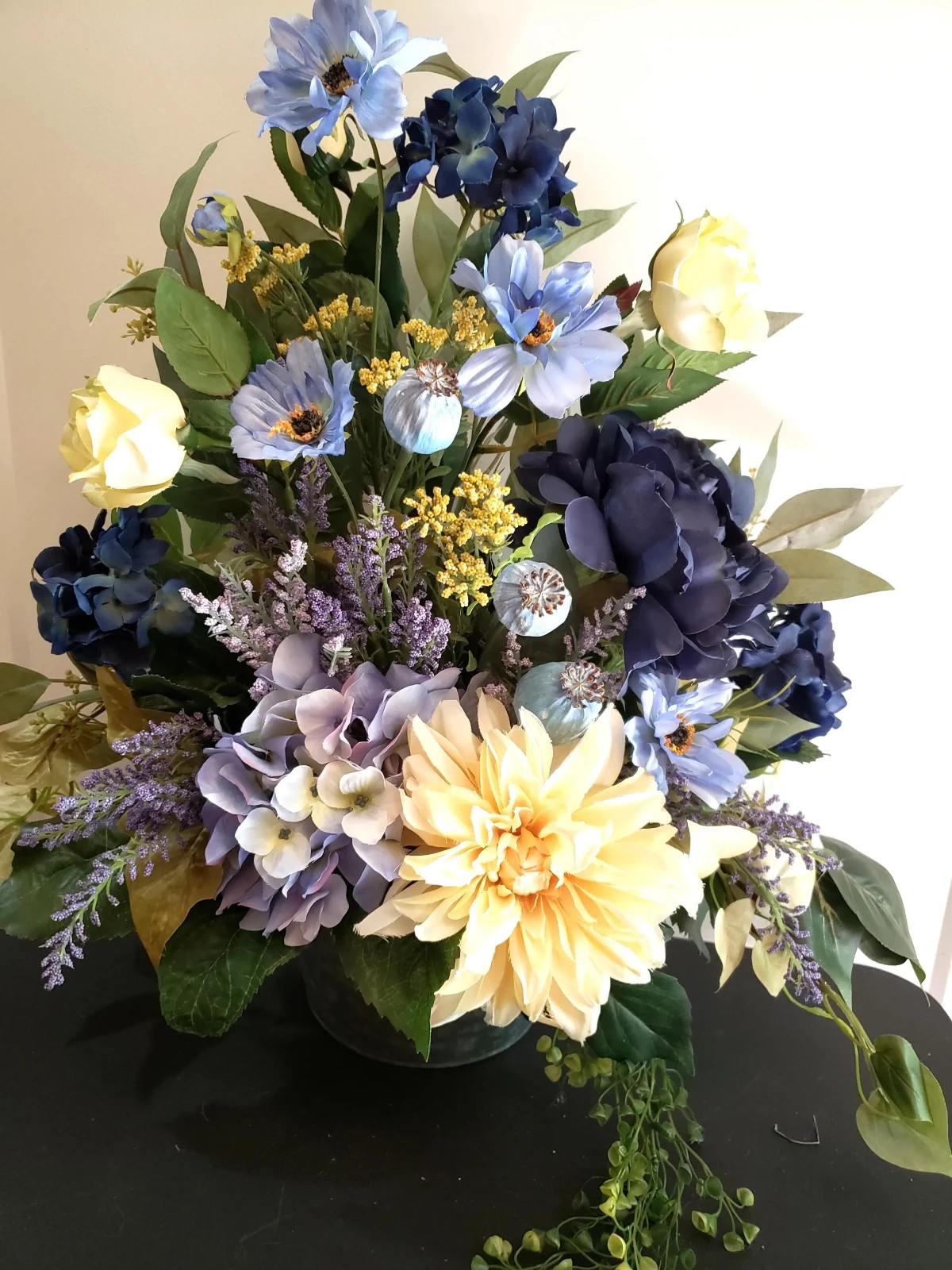 Blue Hydrangea Galvanized Door Basket, Farmhouse Floral Arrangement, Summer