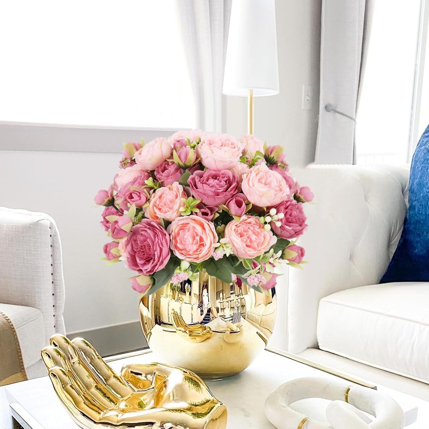 Artificial Peonies Silk Flowers Pink Faux Bouquet 2 Bunches Floral Decor