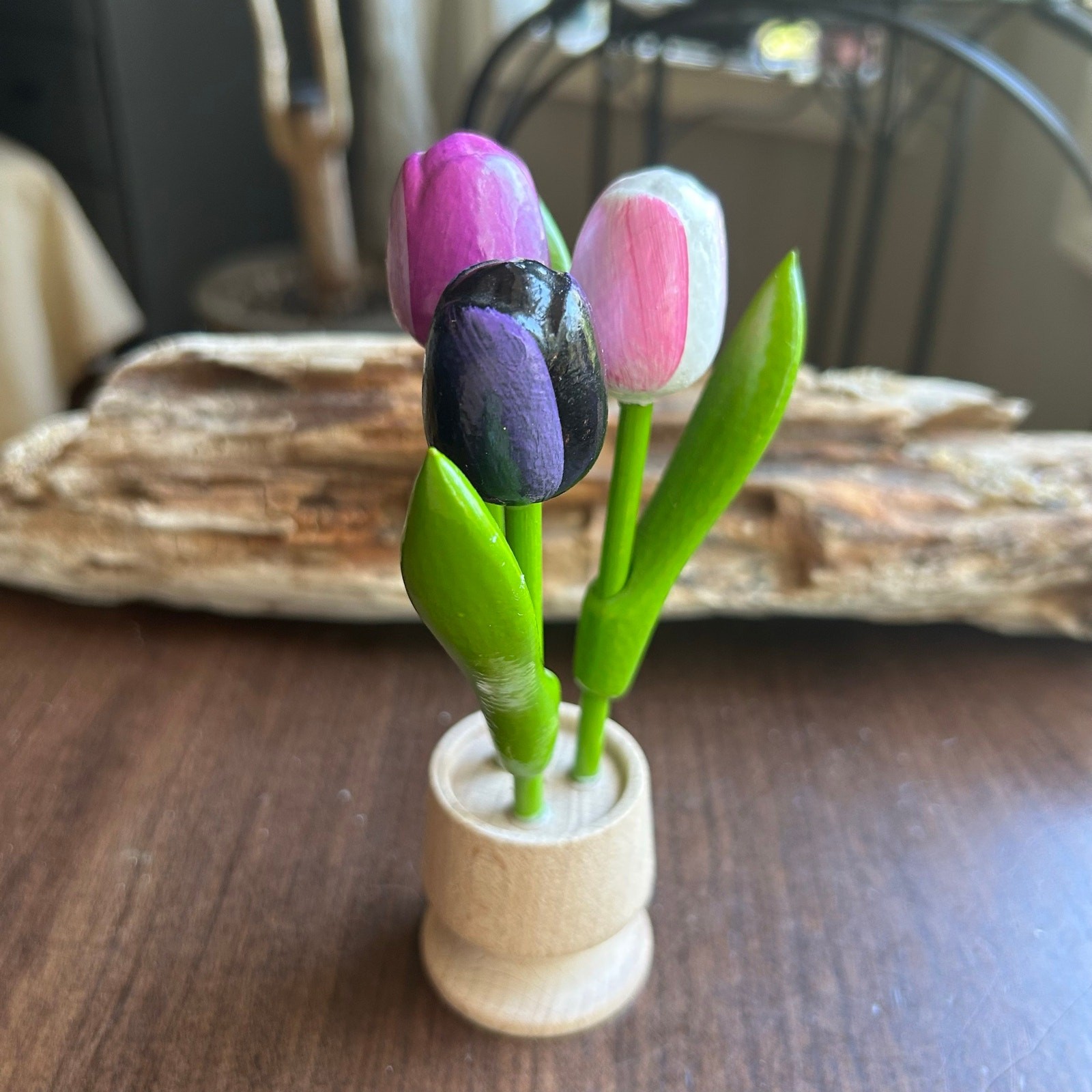 Vintage wood wooden hand carved tan painted tulip flowers