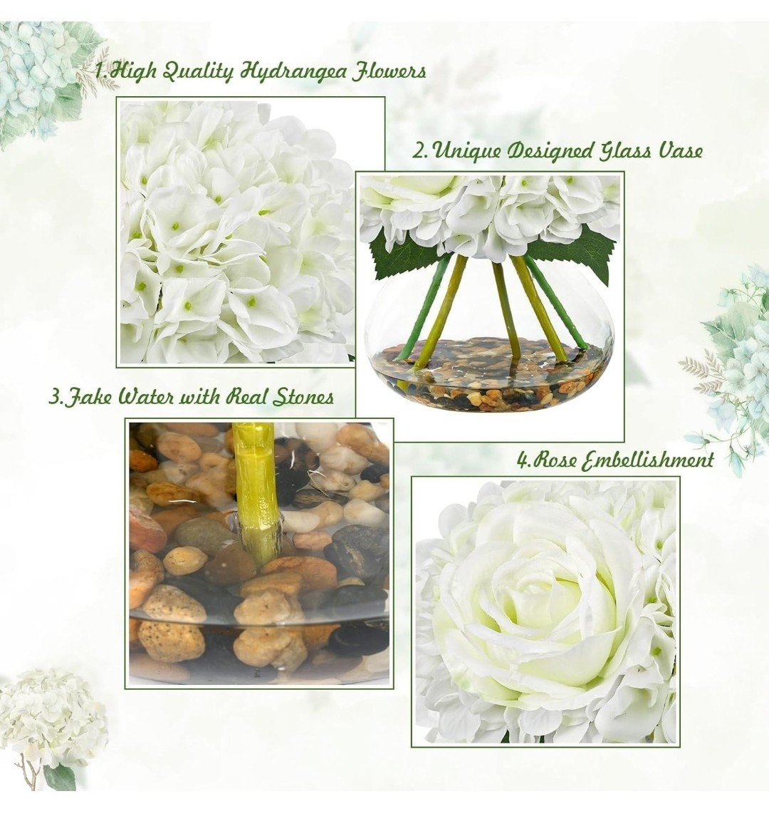 Artificial Hydrangea Flowers with Vase White Fake Flowers with Rose Faux…