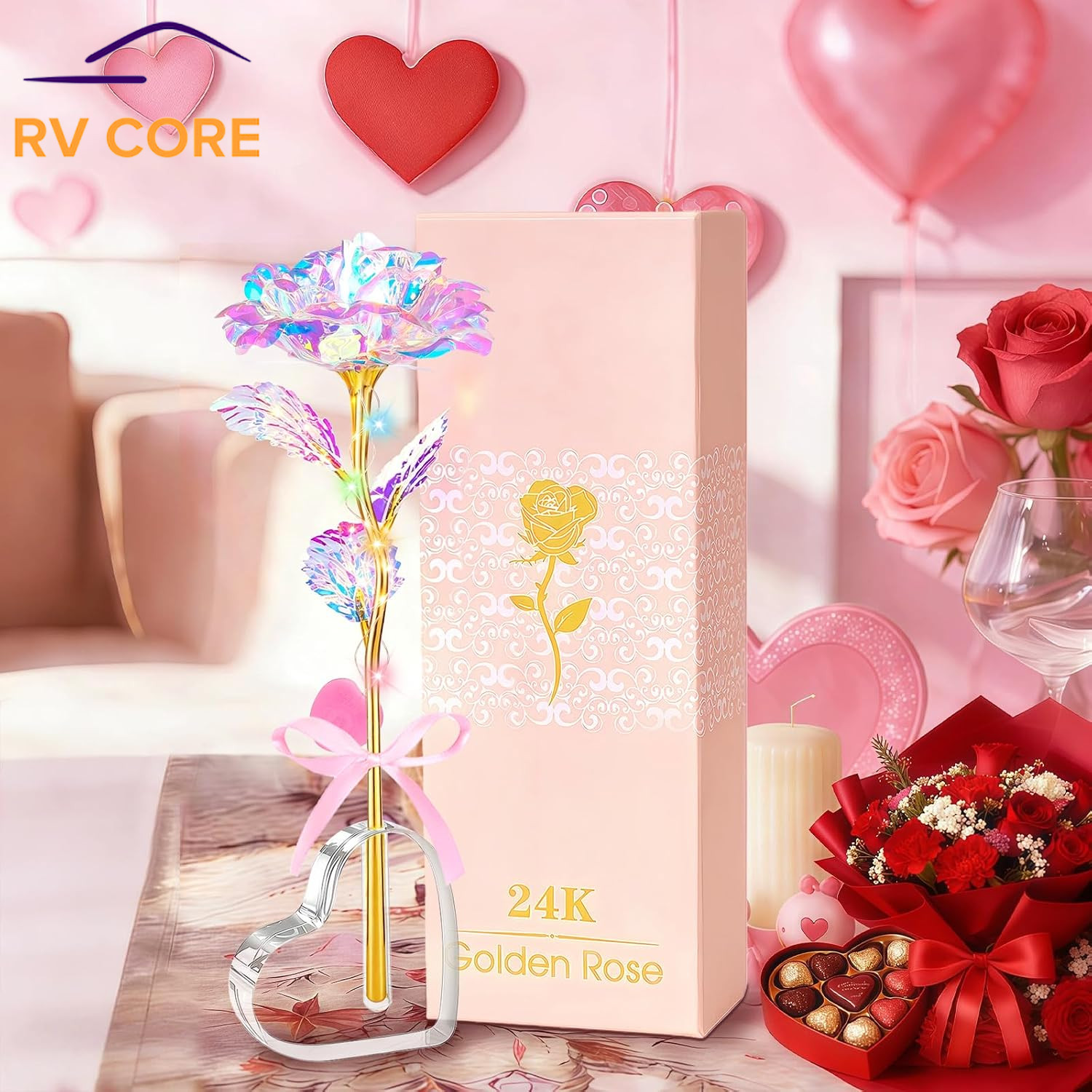 Galaxy Glass Eternal Rose Heart Crystal Vase Gift for Mom Wife Grandma Women