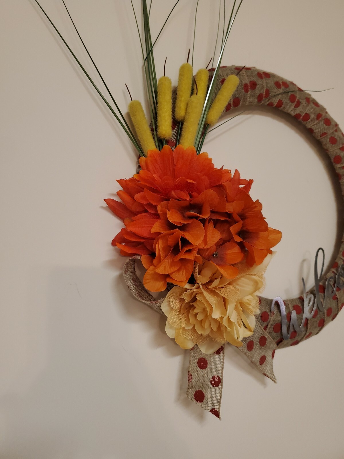 WELCOME wreath FLOWER Hydrangeas Foxtail burlap FALL autumn Decor Front Door 15