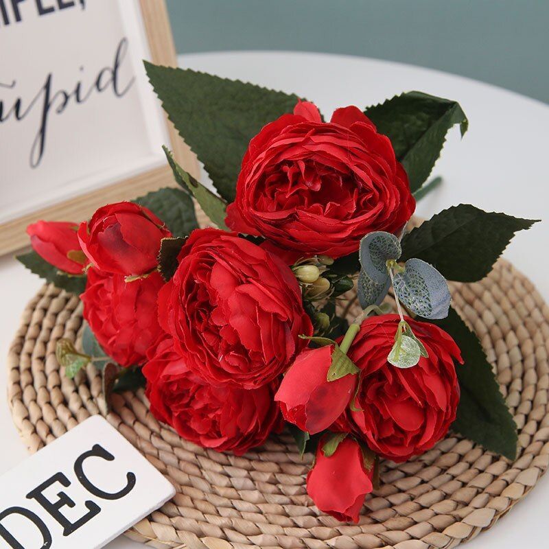 30cm Silk Rose Peony Artificial Flower Bouquet 5 Big Head 4 Small Bud Home Decor