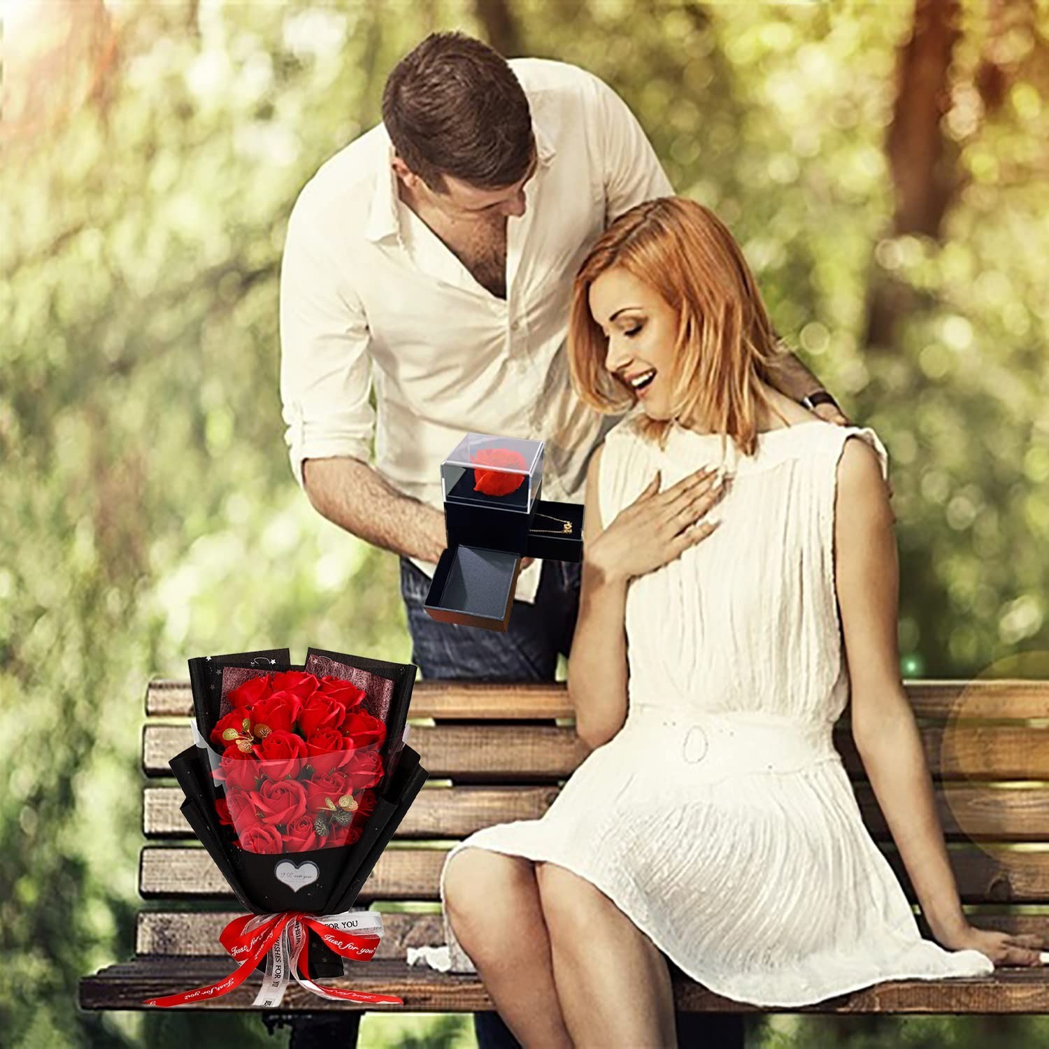 Artificial Red Roses Bouquet with Love Necklace – Unique Gift for Valentine’s Da