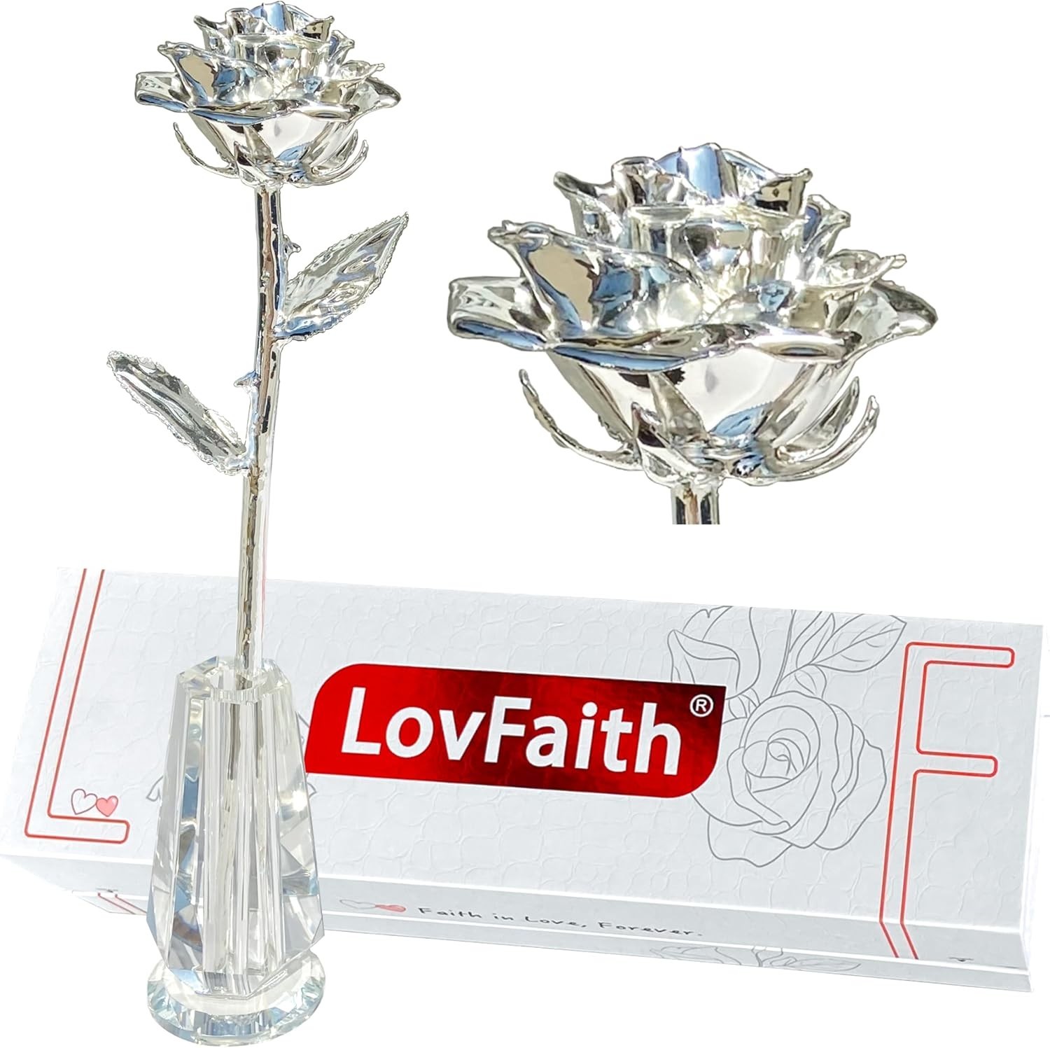 Real Rose Dipped Sterling Silver Crystal Stand