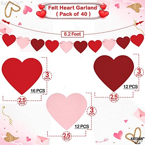 , Felt Heart Garland – Pack of 40, No DIY | Red, Pink Heart Garland for Heart