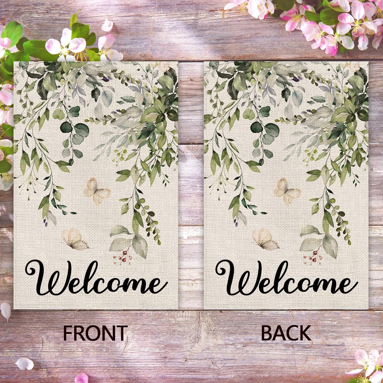 Welcome Green Plants Floral Butterfly Decoration Double Sided Burlap Garden Flag