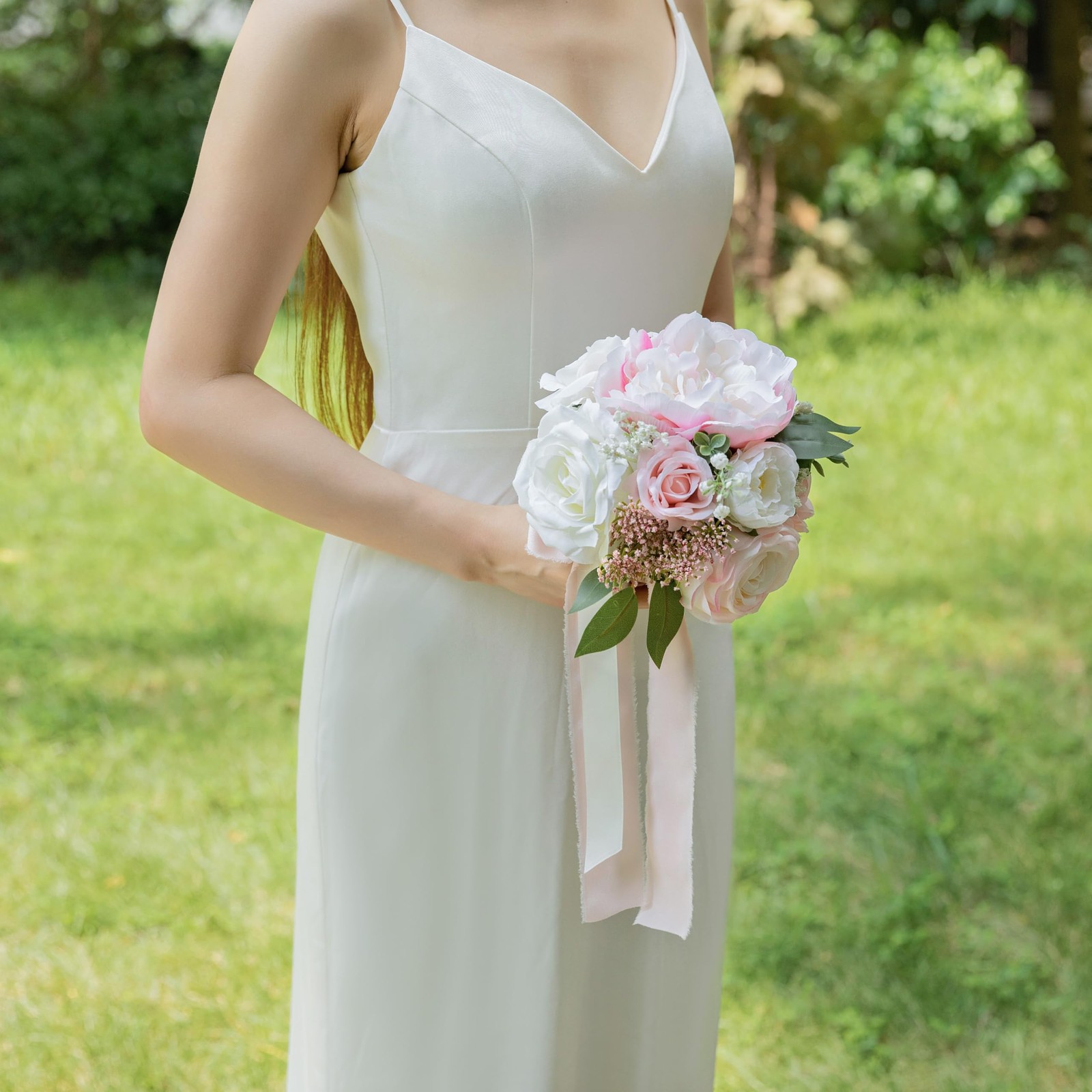 Blush Pink Ivory Artificial Rose Wedding Bouquet For Bride Bridesmaid