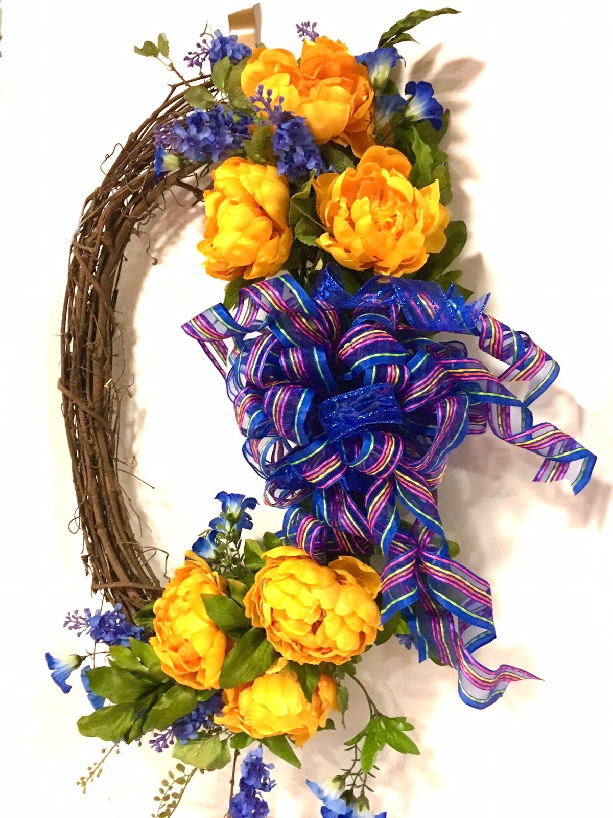 Spring Summer All Season OVAL Floral Wreath Blue Gold Yellow Indoor Outdoor 24”