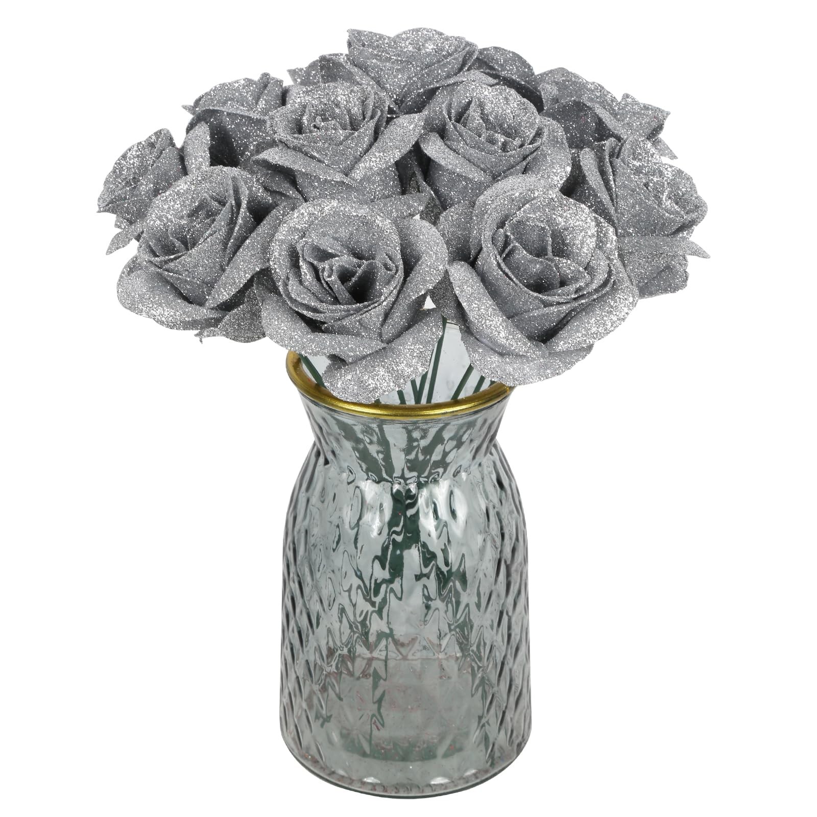 30 PCS Silver Artificial Roses Fake Glitter Silk Flowers for Wedding Decor