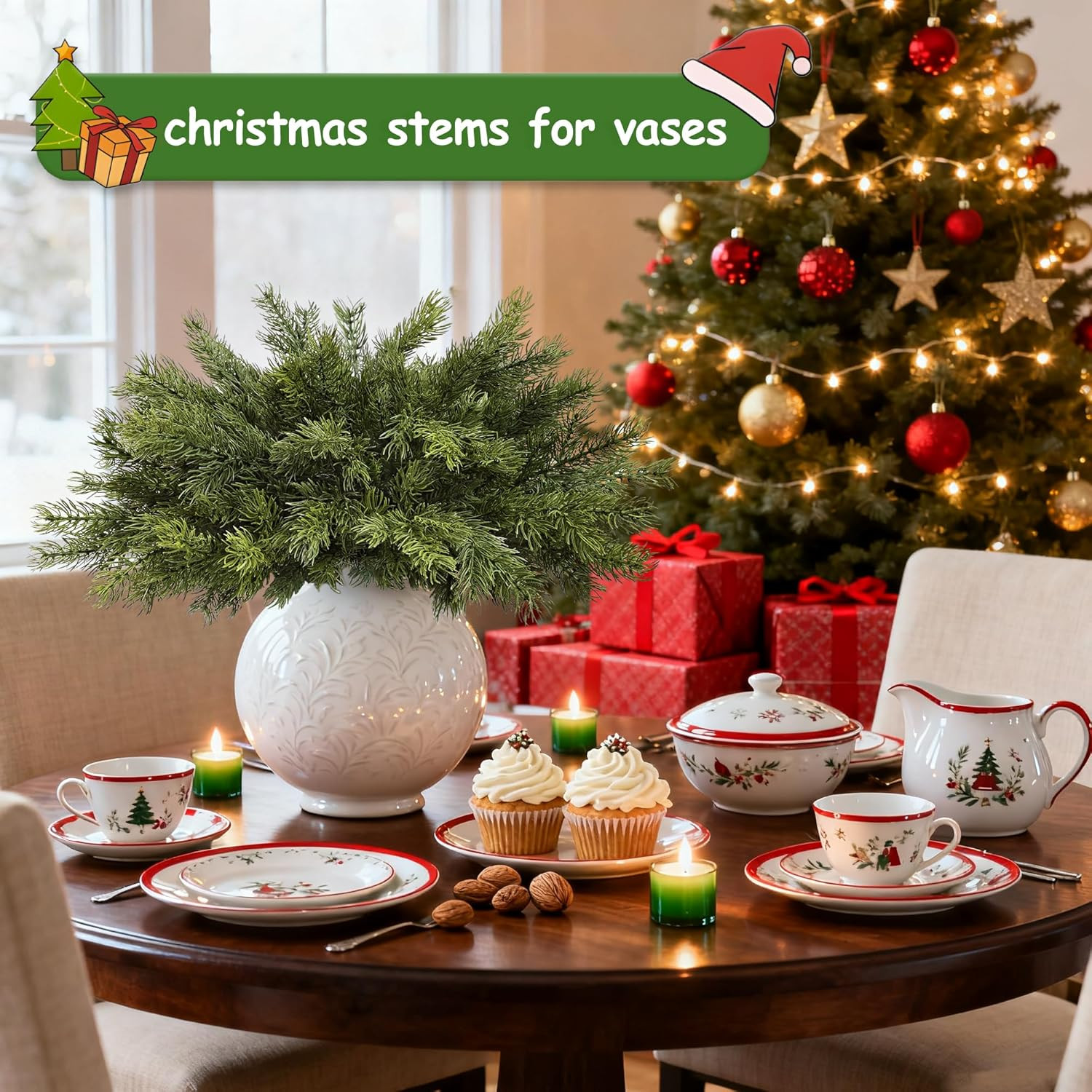 24 Pcs Christmas Pine Branches – 18″ Realistic Artificial Greenery Pine Stems –