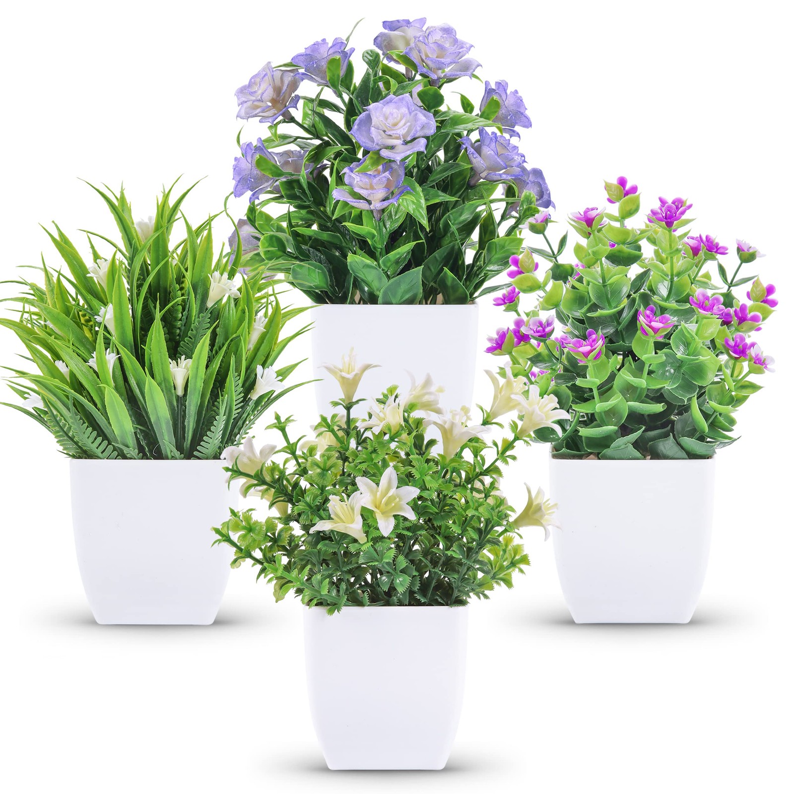 Der Rose 4 Packs Small Fake Plants Mini Artificial Faux Plants with Flowers