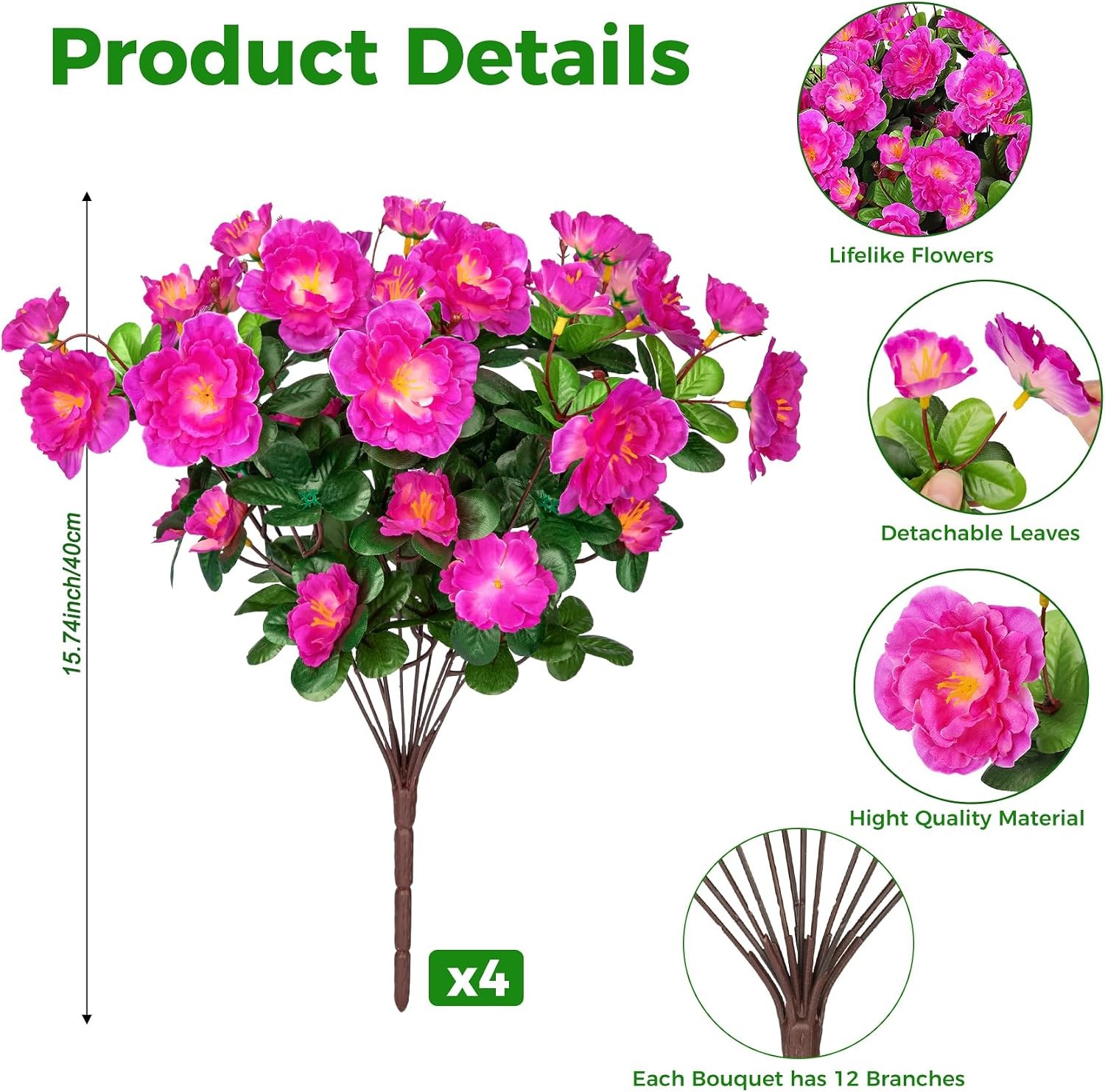 4 Bundles Artificial Camellia Flowers for Outdoors, Fuchsia | Fake silk flowers