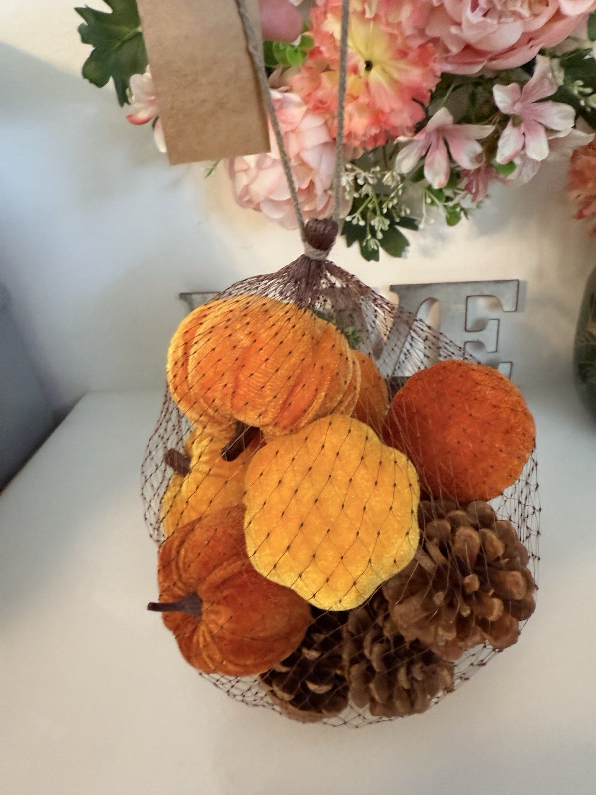 Fall 16 Pcs Velvet Pumpkin and Pinecones Net Bag Decoration Set Assort Sizes New
