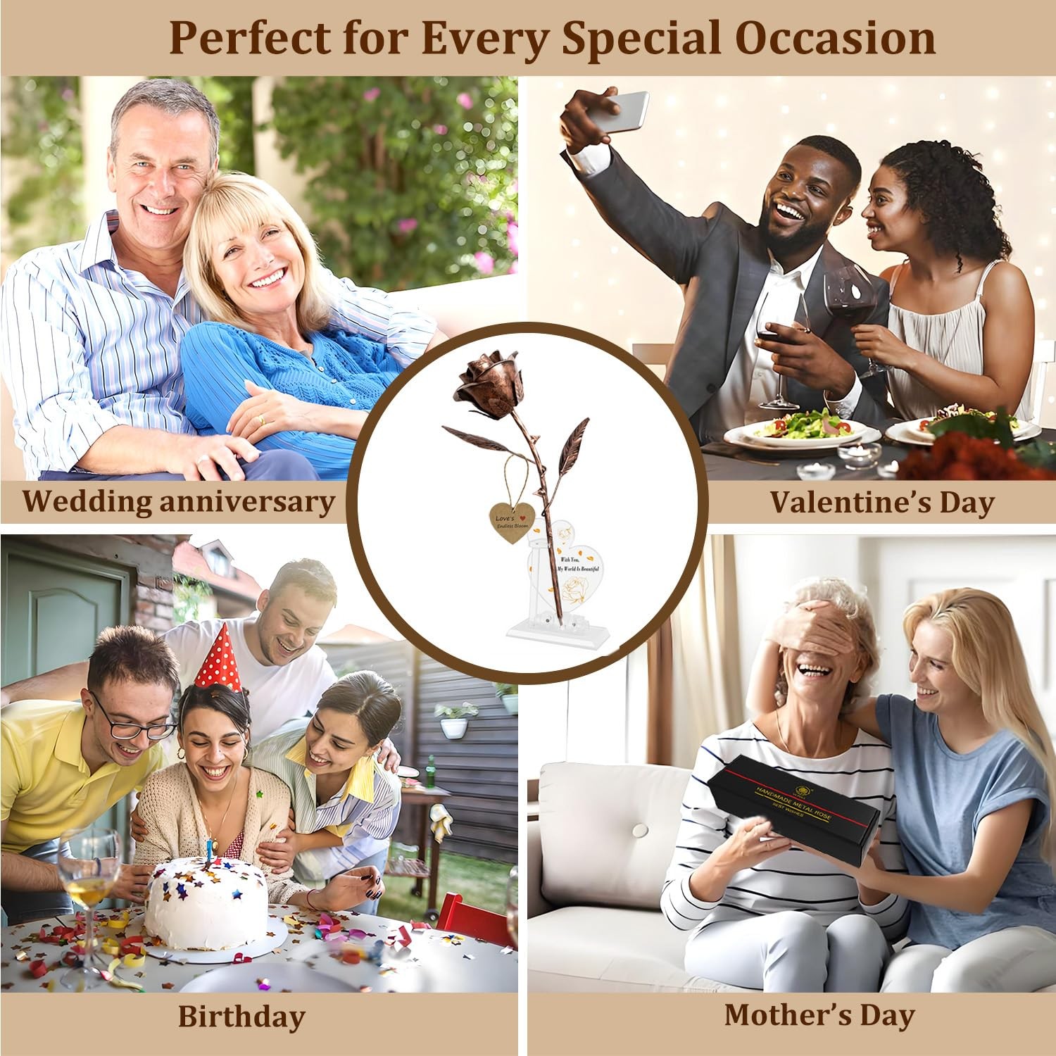 Copper Rose with Heart Stands – 7th Anniversary Handmade Metal Sculpture Gift
