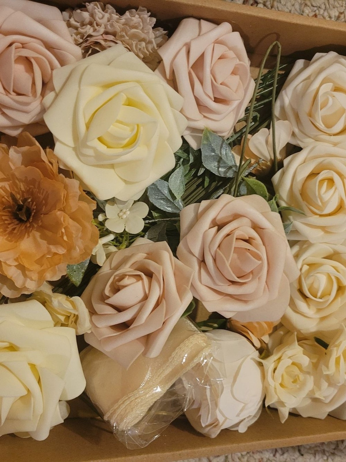 Boxed Faux Floral Arrangement in Cream & Blush with Warm Peach Accent