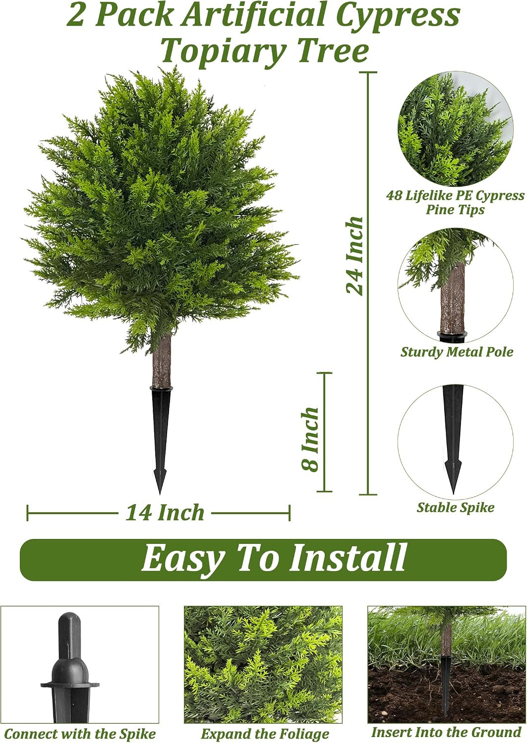 24” Artificial Cypress Topiary Ball Set of 2 – UV Resistant Faux Plants