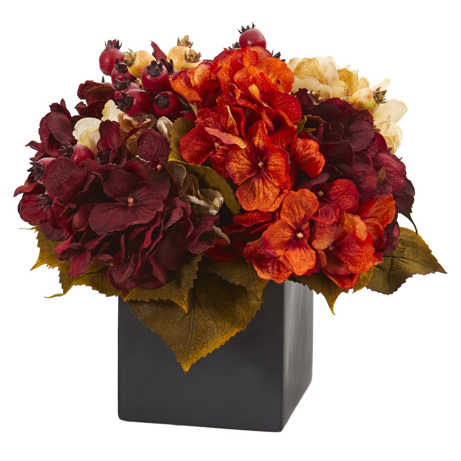 Nearly Natural 12-in Autumn Hydrangea Berry Artificial Arrangement in Black Vase