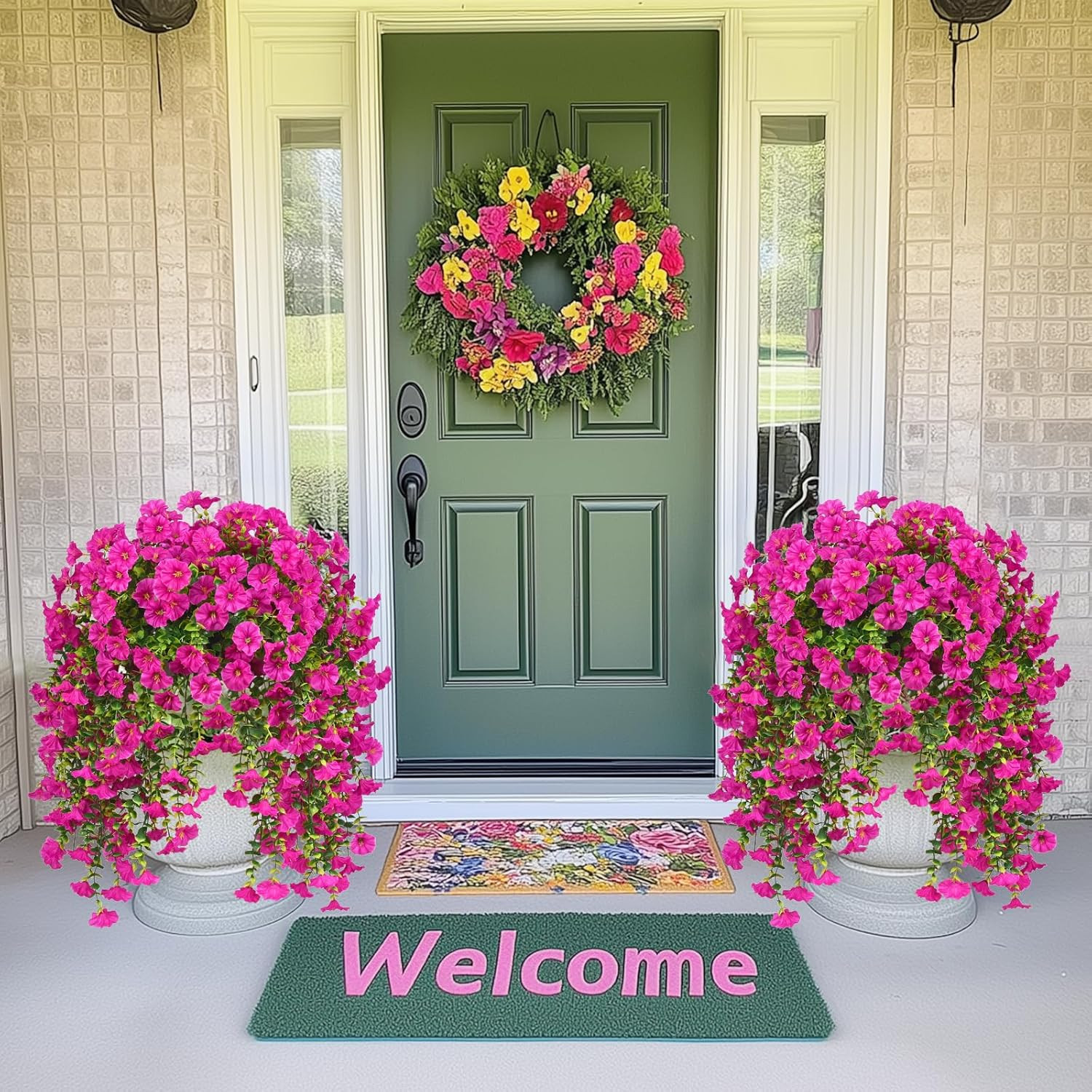 2 Pcs Fuchsia Silk Petunia Artificial Hanging Flowers UV Resistant Porch Patio