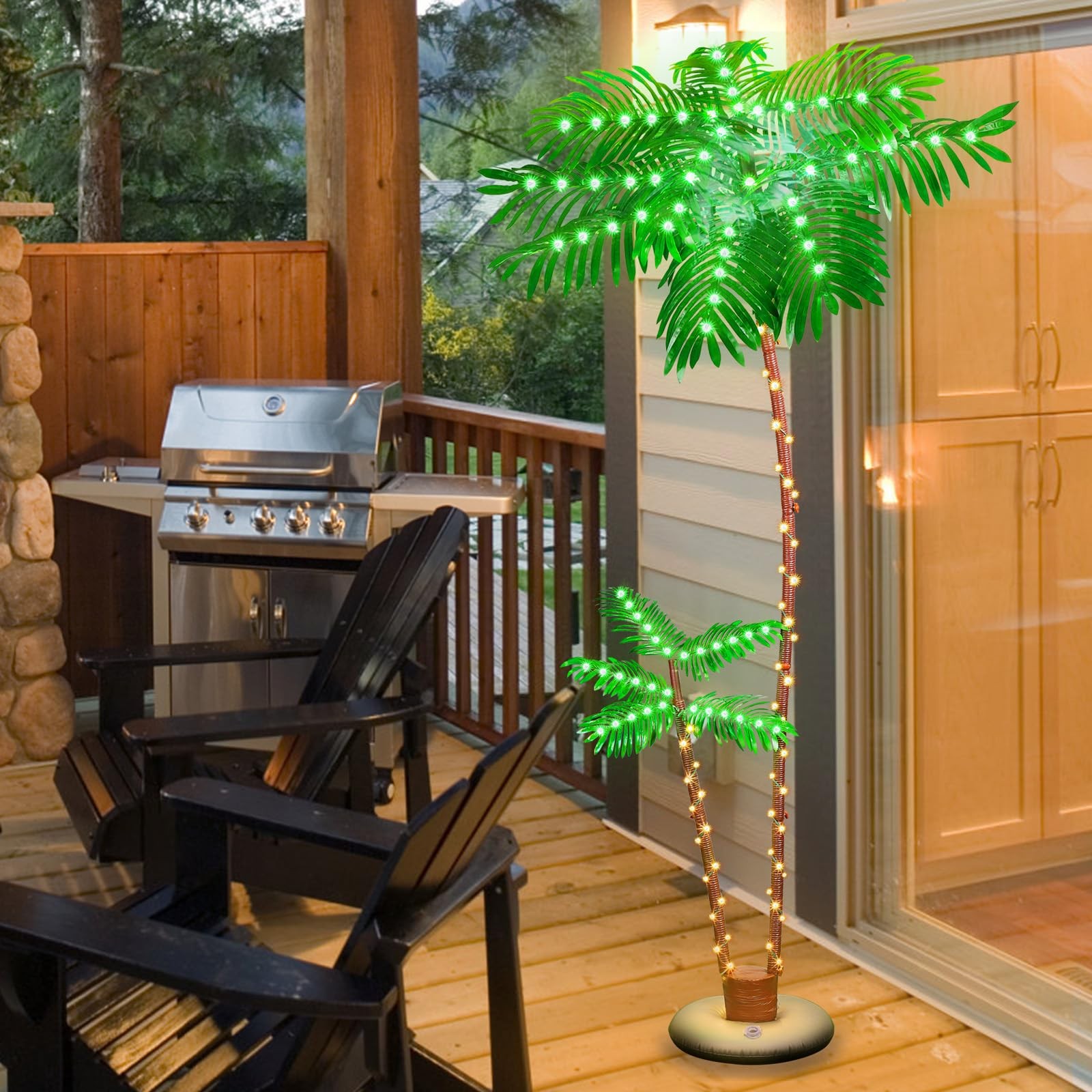 7FT Dual Trunk Solar Palm Tree 8 Modes Remote Control Timer Waterproof LED Outdo