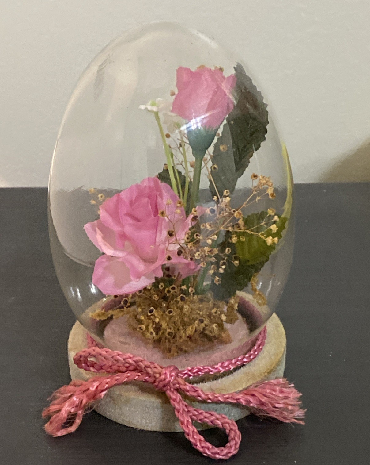 Vintage Glass Dome Decor Faux Dried Pink Rose Plant Floral