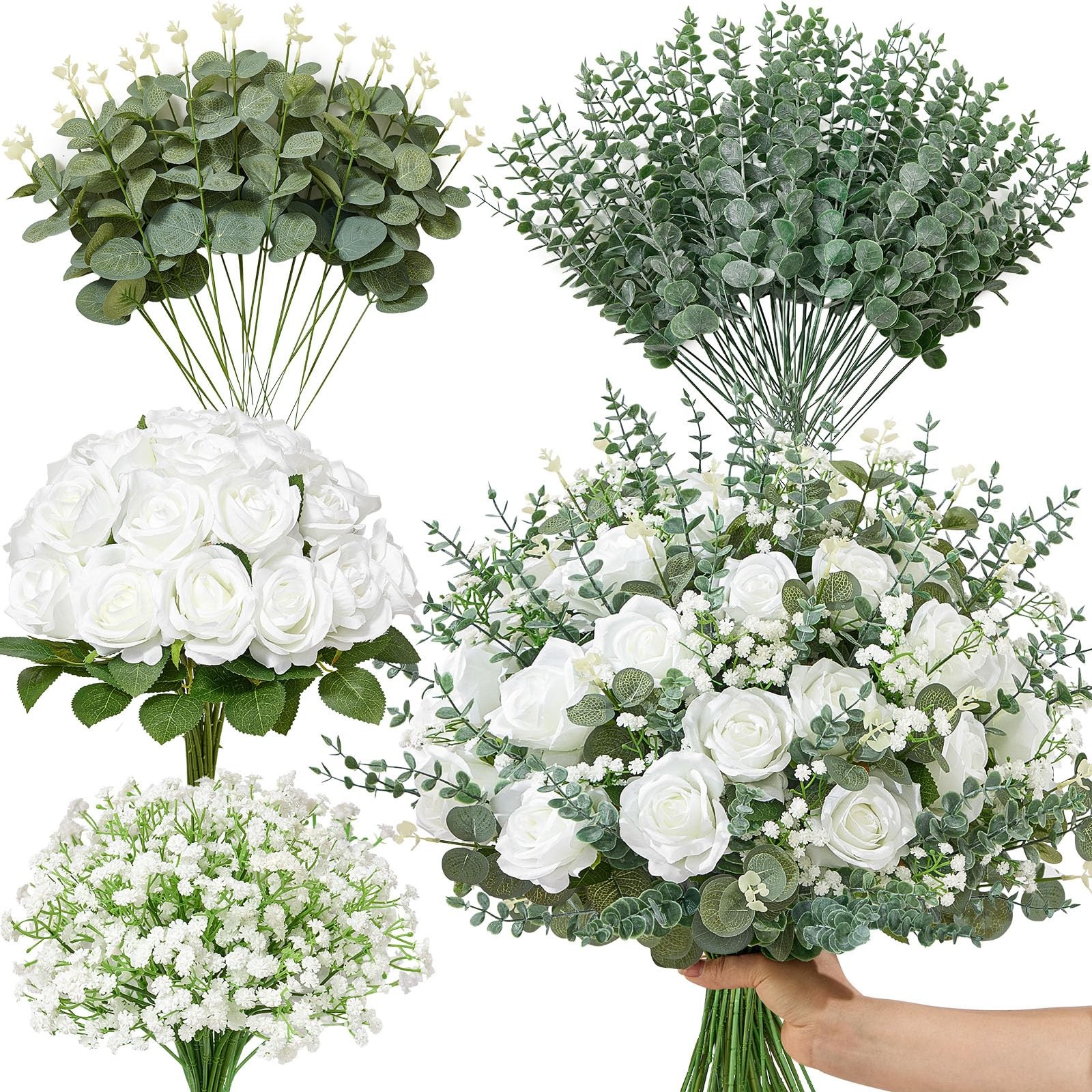 120 Pcs Mixed Eucalyptus Greenery Stems, White Silk Roses and Babys Breath Ar…